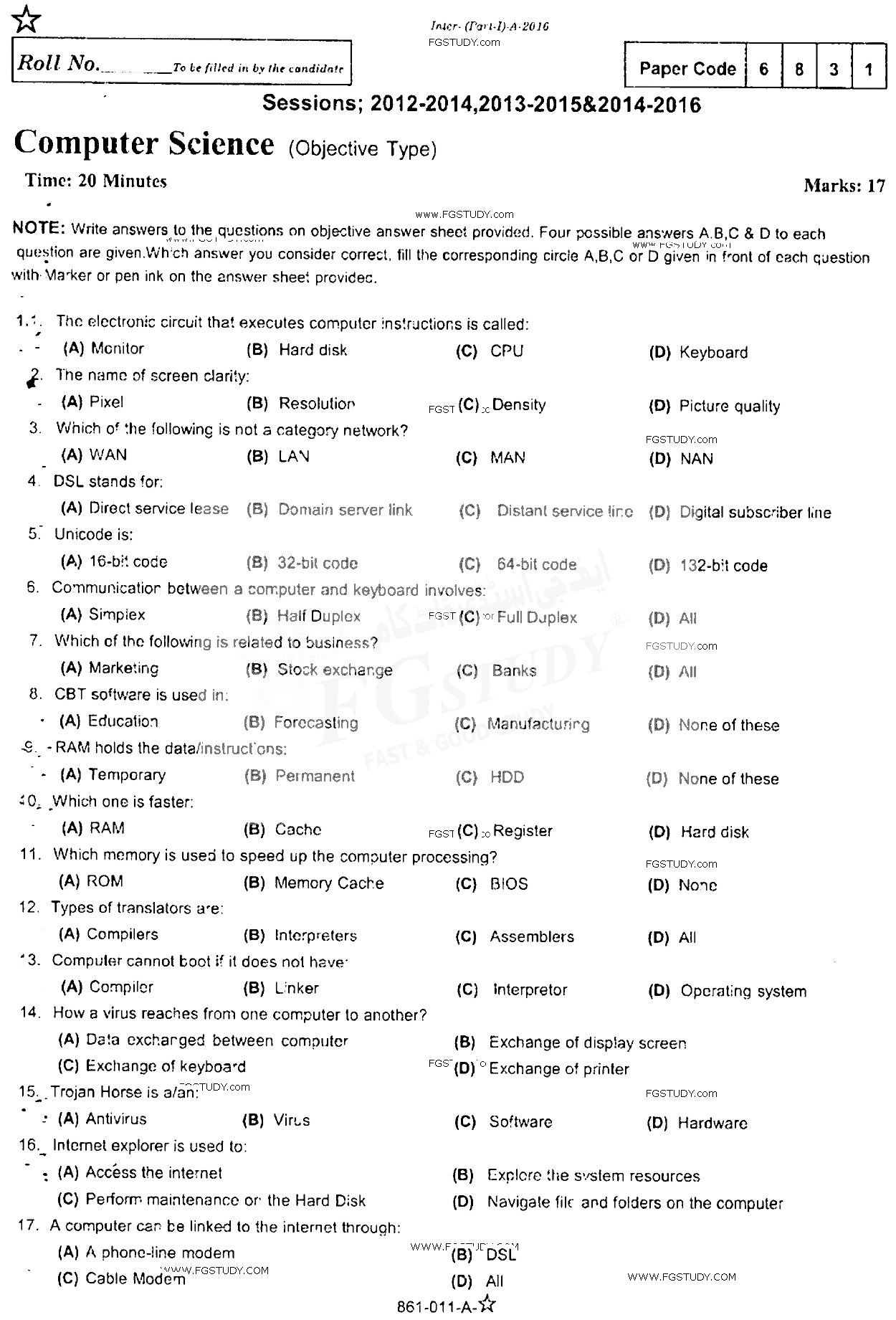 11th Class Computer Science Past Paper 2016 Rawalpindi Board Objective