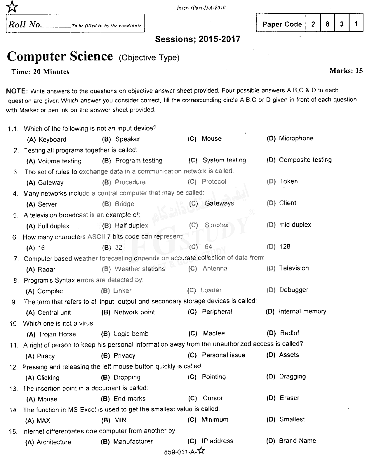 11th Class Computer Science Past Paper 2016 Rawalpindi Board Objective