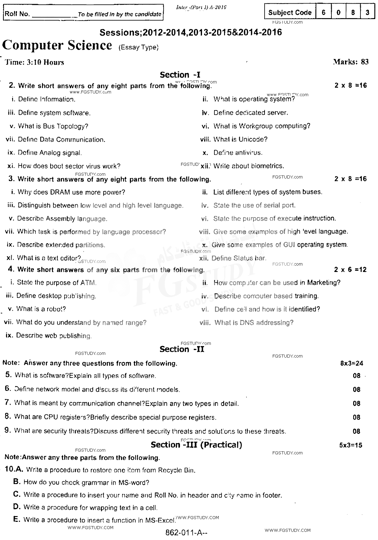 11th Class Computer Science Past Paper 2016 Rawalpindi Board Subjective