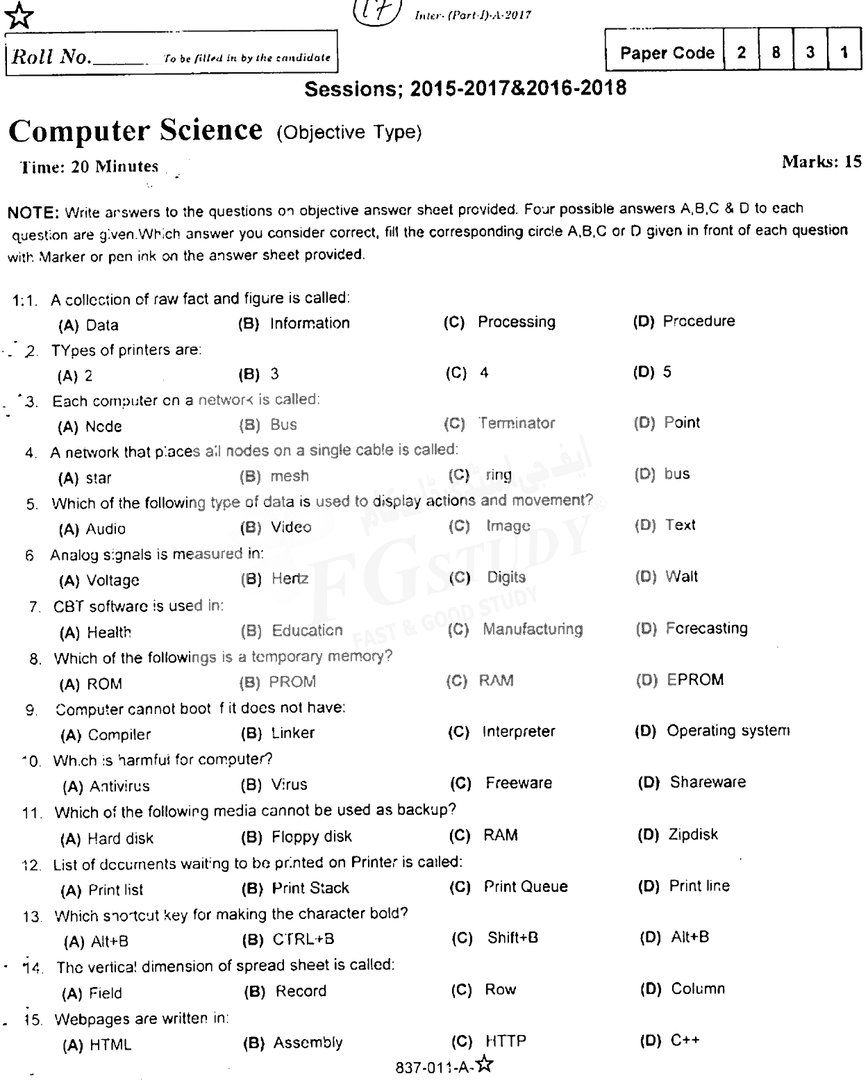 11th Class Computer Science Past Paper 2017 Rawalpindi Board Objective