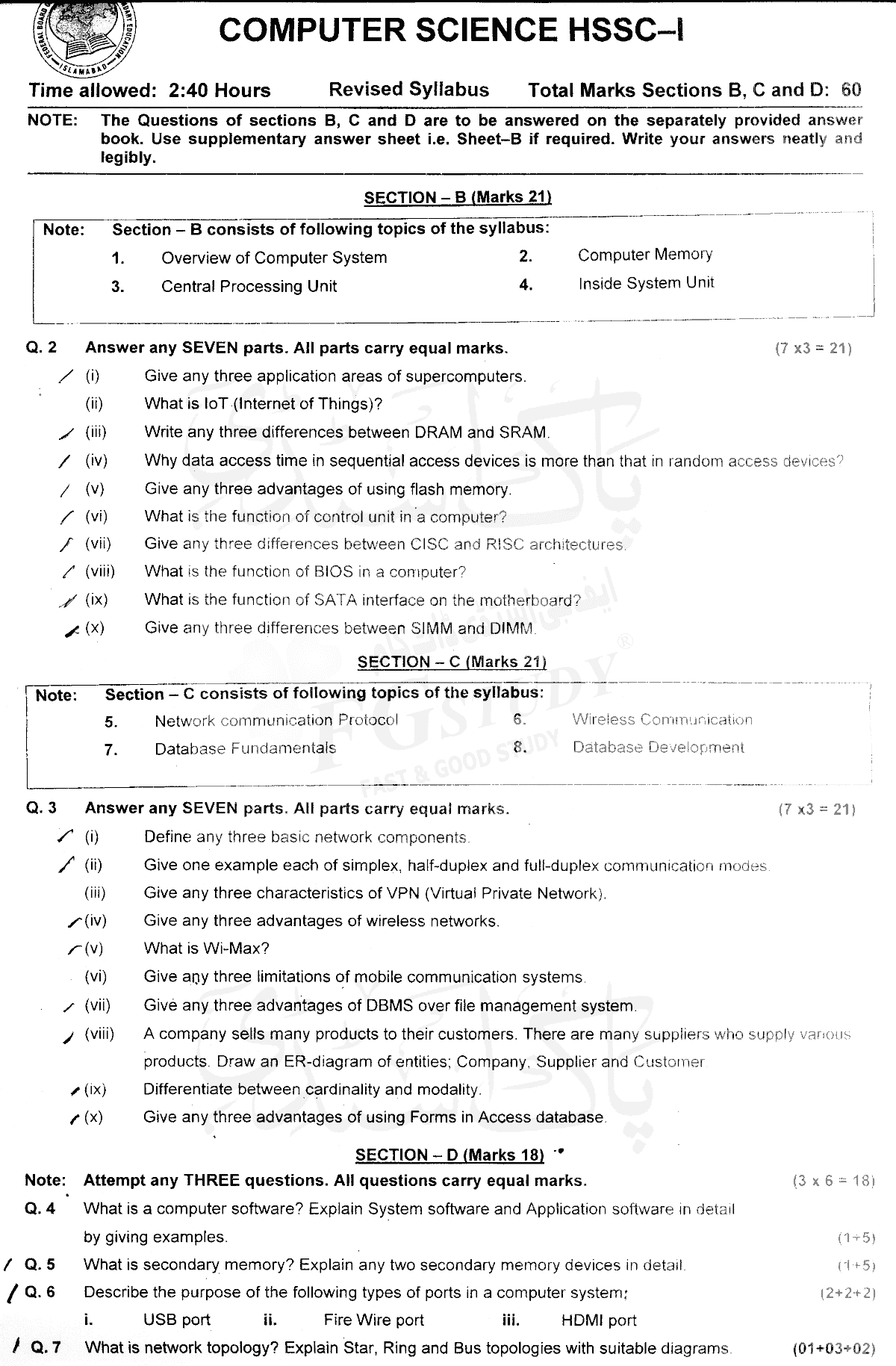 11th Class Computer Science Past Paper 2018 Federal Board Islamabad Subjective