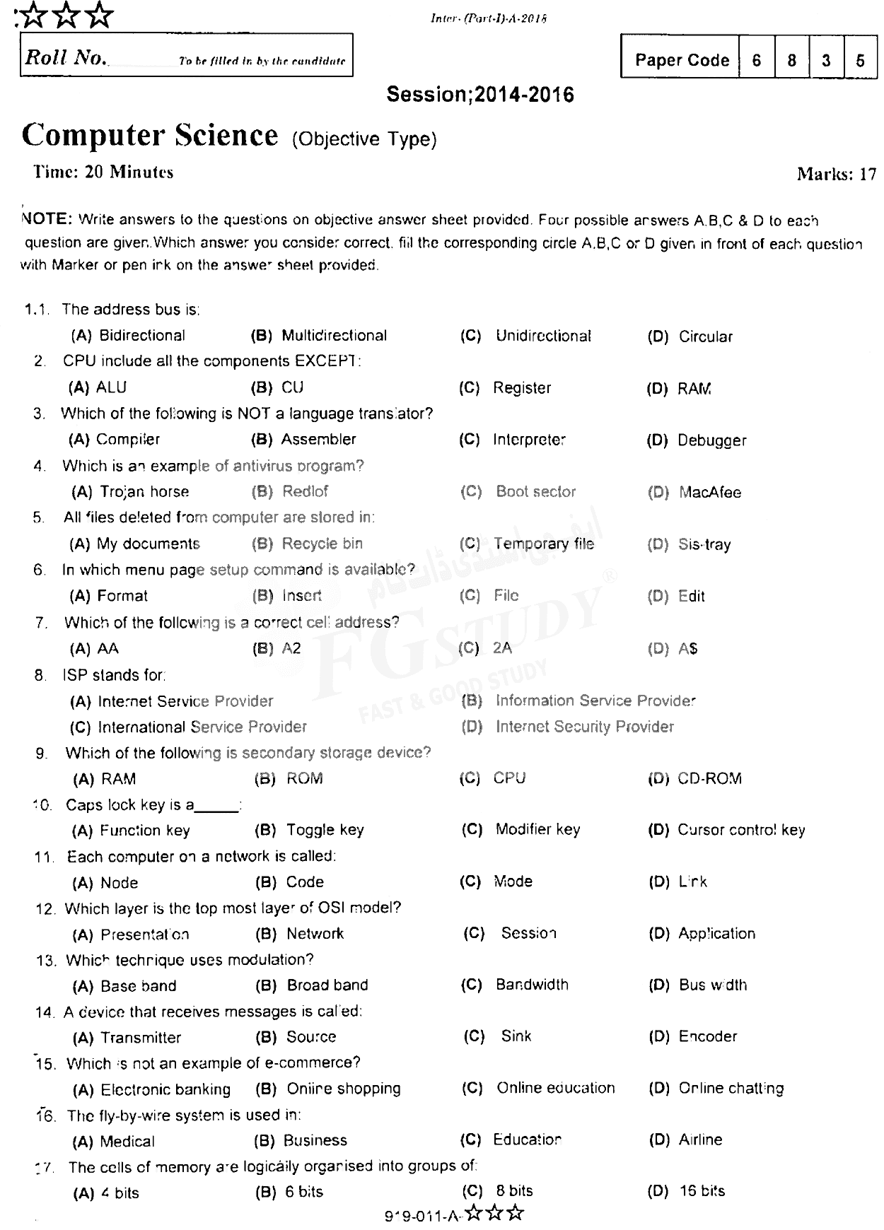 11th Class Computer Science Past Paper 2018 Rawalpindi Board Objective
