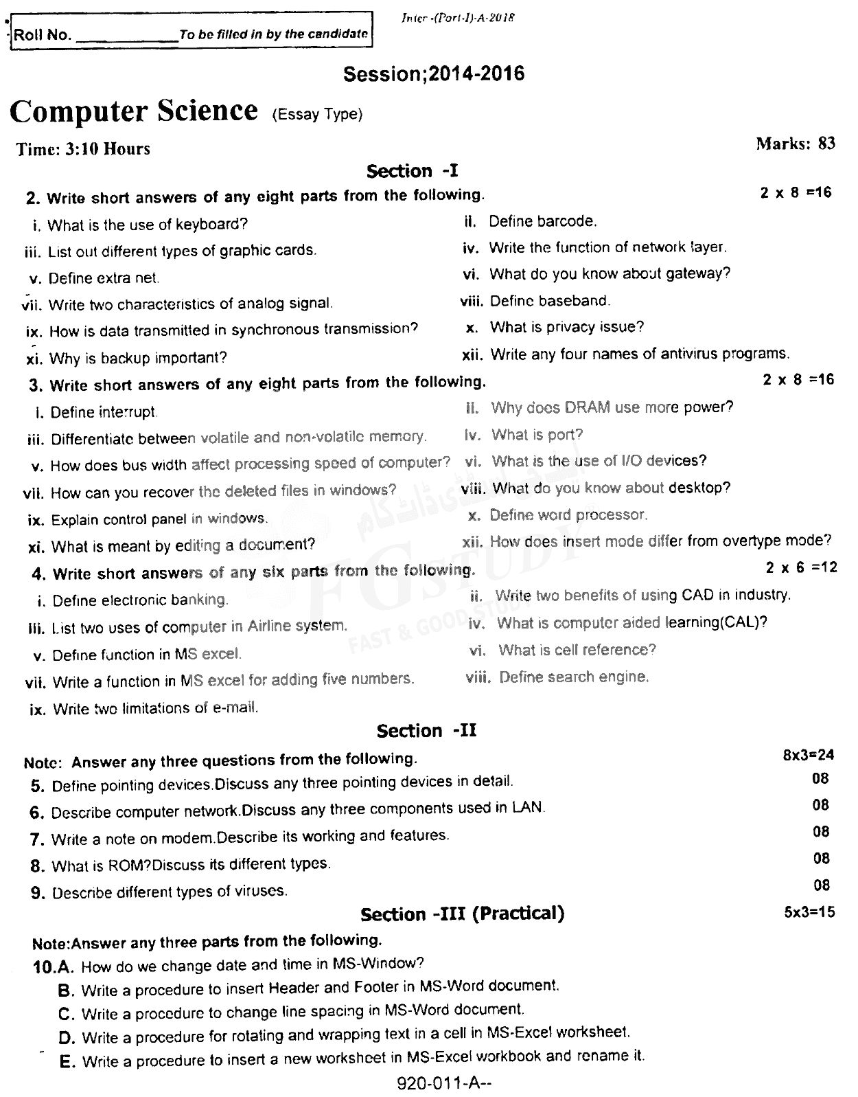 11th Class Computer Science Past Paper 2018 Rawalpindi Board Subjective