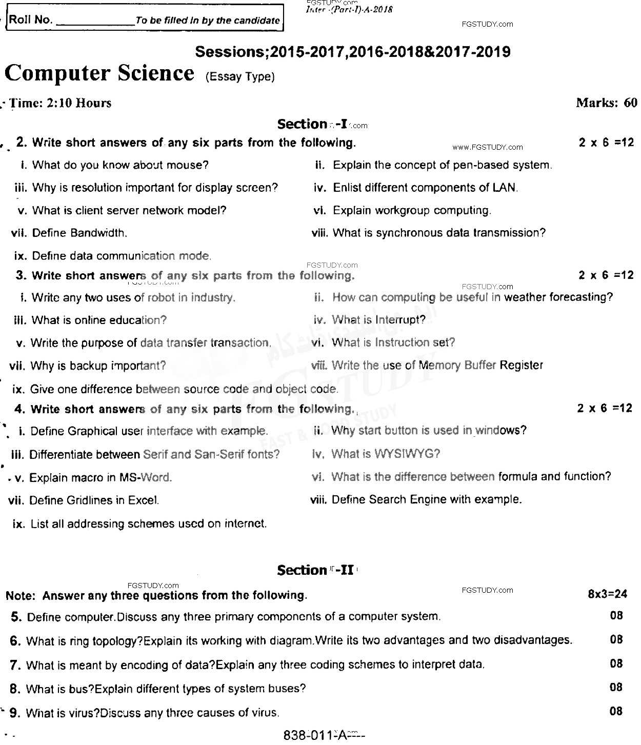 11th Class Computer Science Past Paper 2018 Rawalpindi Board Subjective