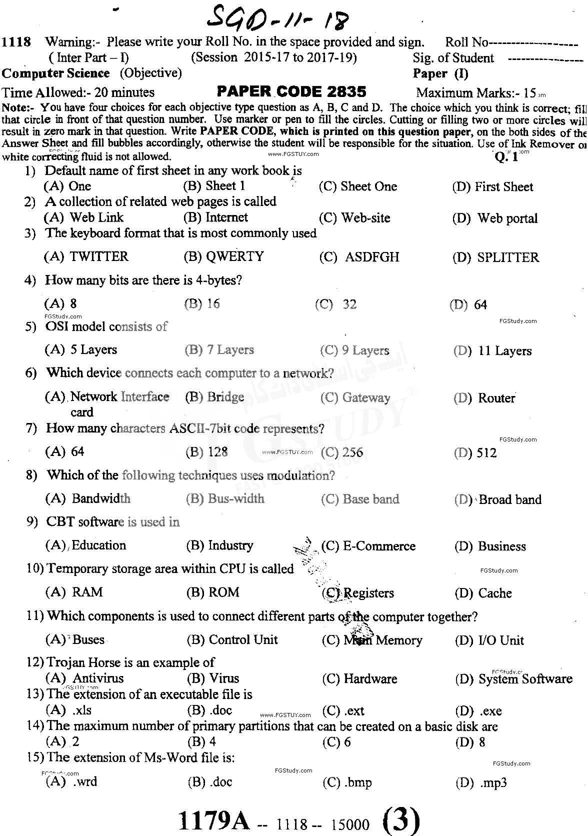 11th Class Computer Science Past Paper 2018 Sargodha Board Objective