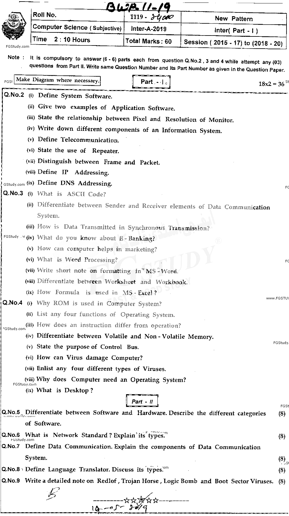11th Class Computer Science Past Paper 2019 Bahawalpur Board Subjective