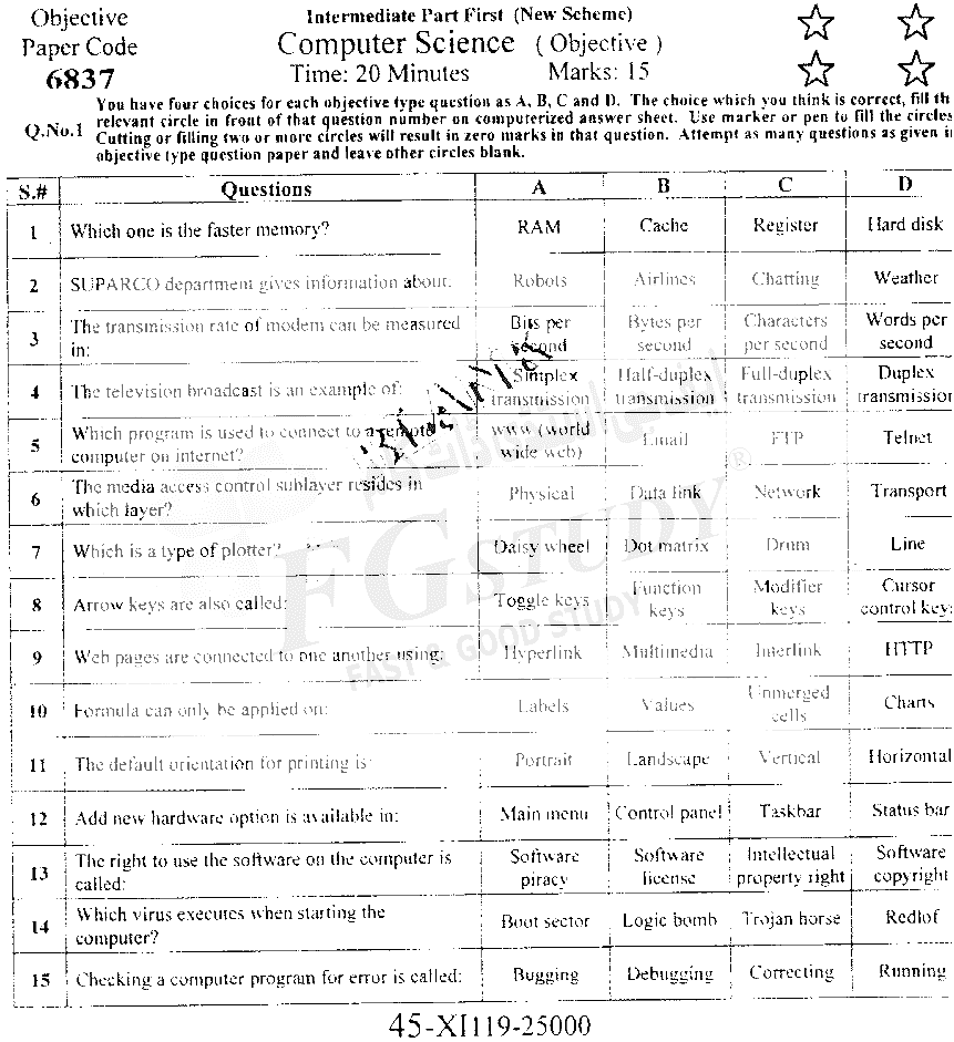 11th Class Computer Science Past Paper 2019 Faisalabad Board Objective