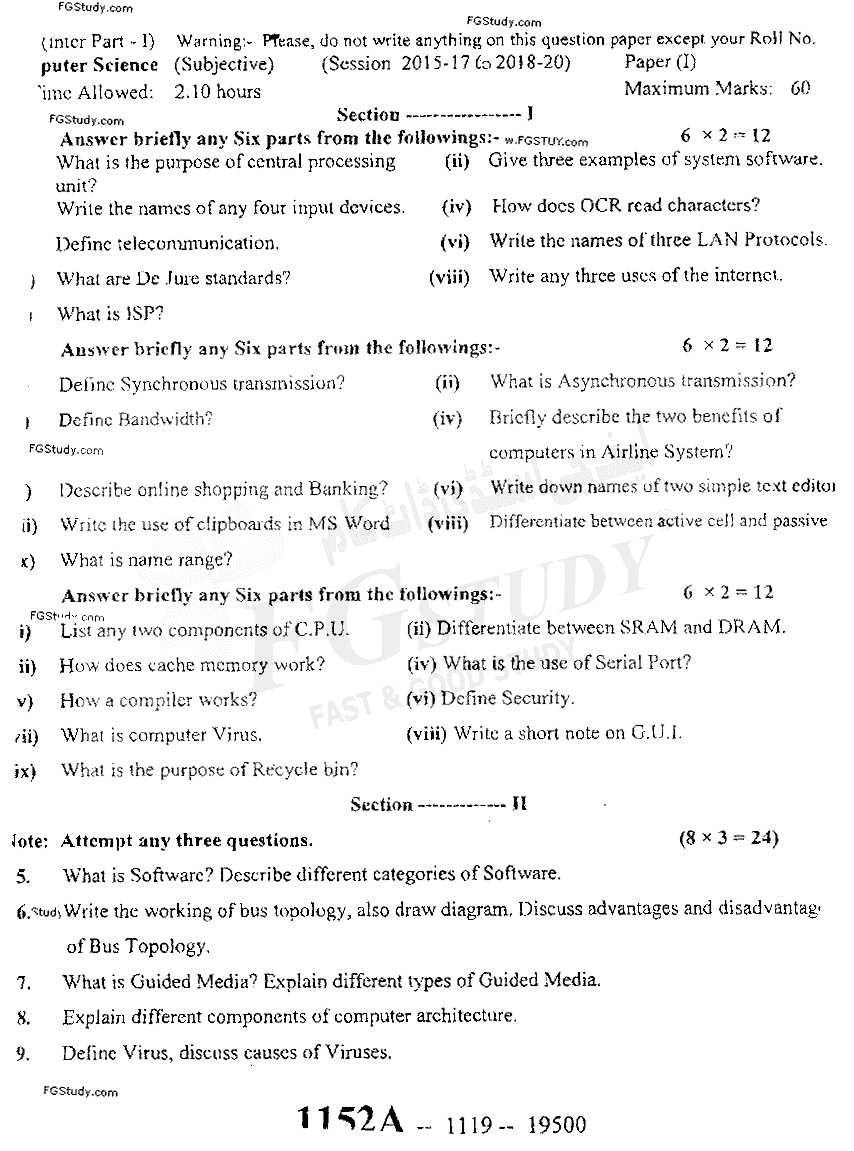 11th Class Computer Science Past Paper 2019 Sargodha Board Subjective