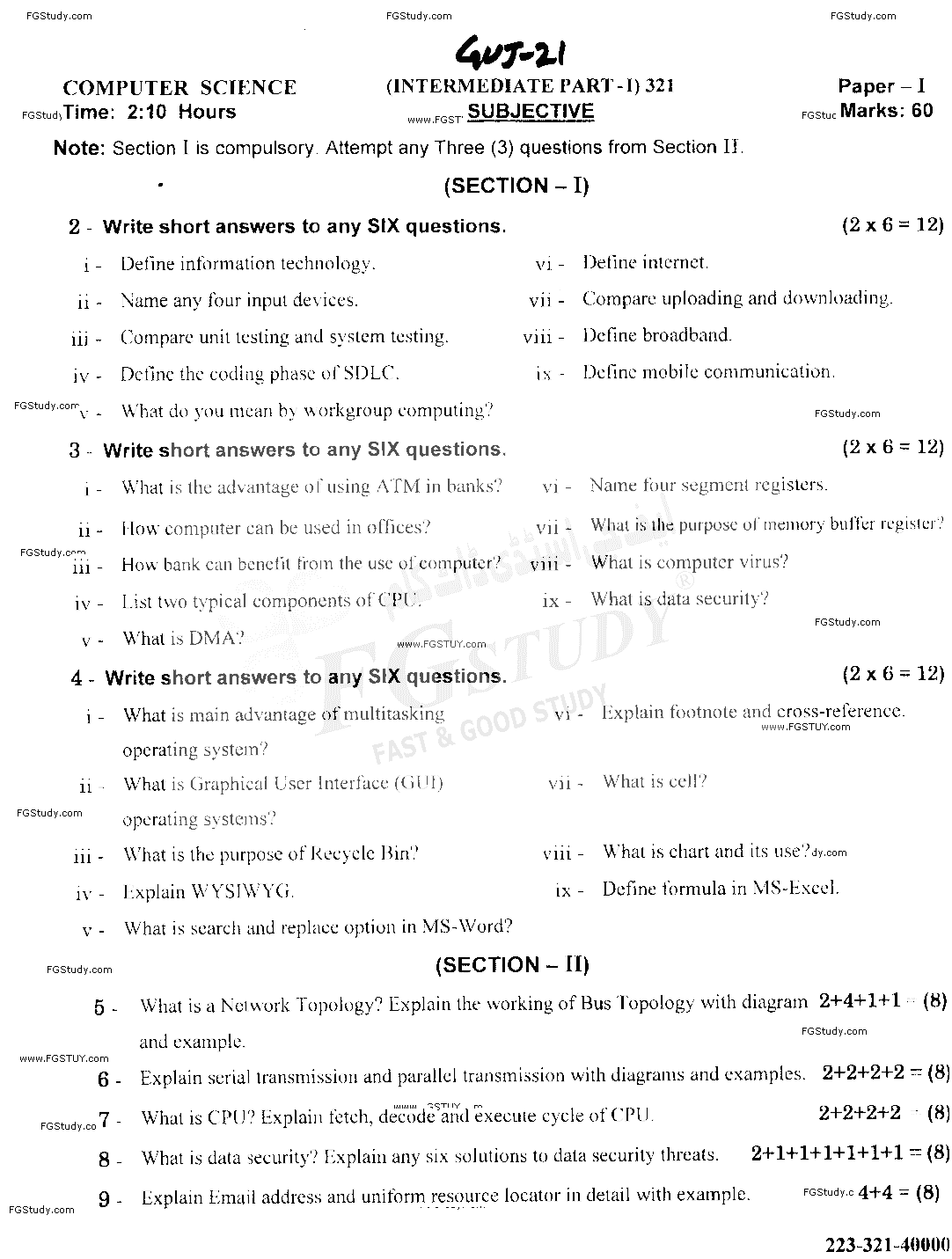 11th Class Computer Science Past Paper 2021 Gujranwala Board Subjective