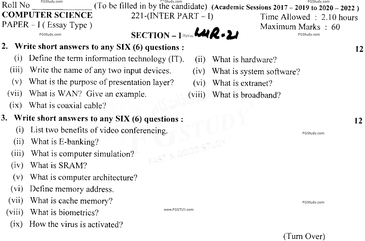 11th Class Computer Science Past Paper 2021 Lahore Board Subjective
