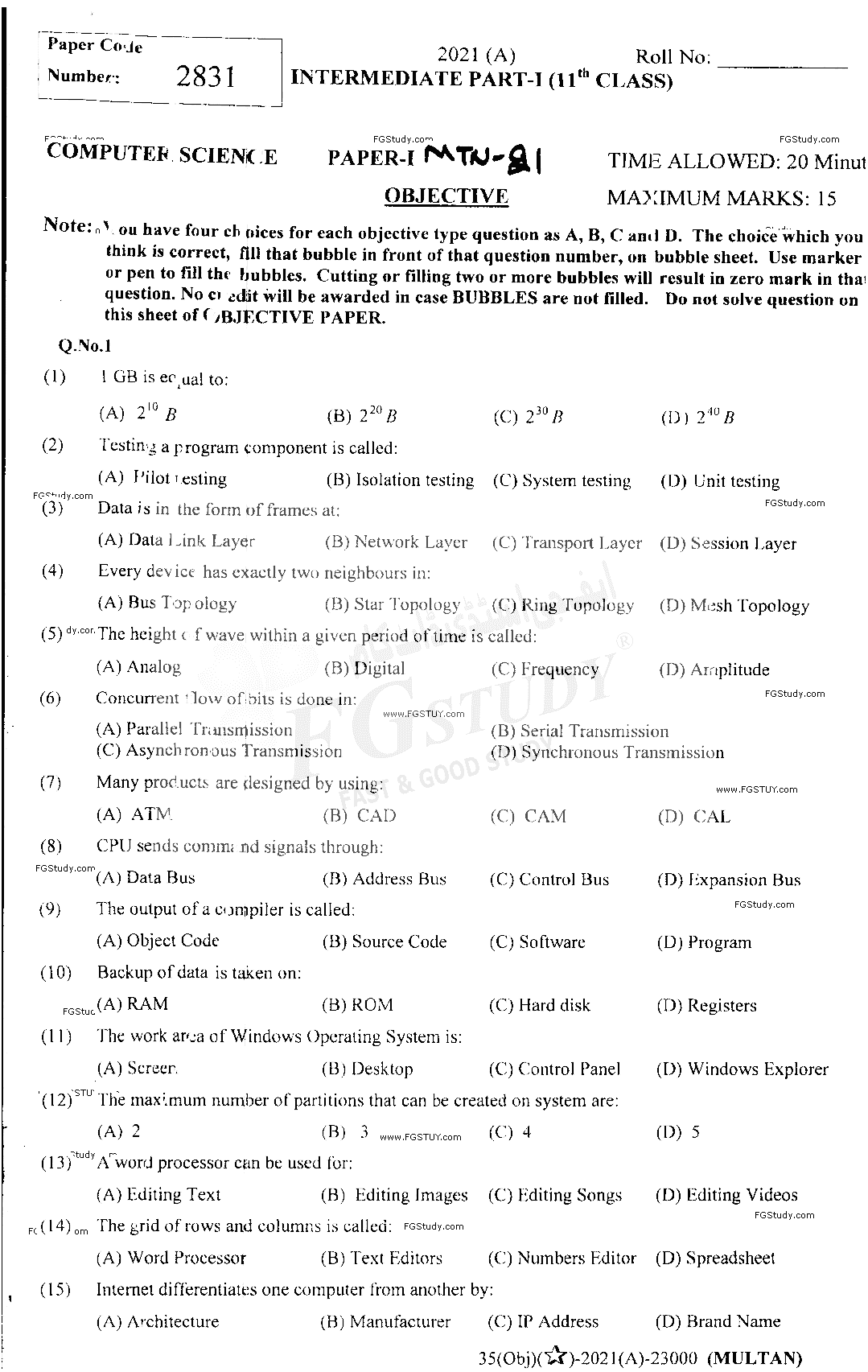 11th Class Computer Science Past Paper 2021 Multan Board Objective