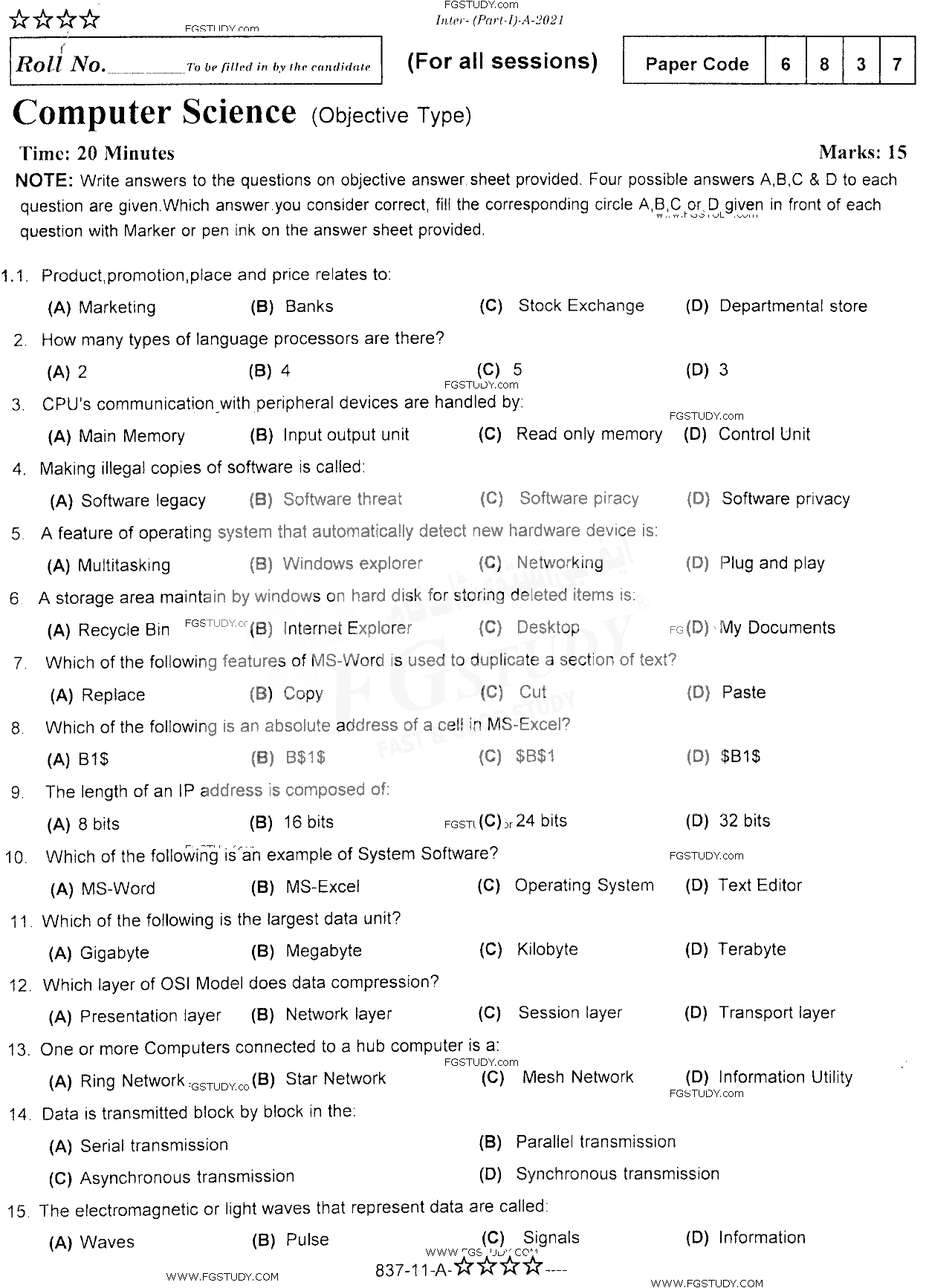 11th Class Computer Science Past Paper 2021 Rawalpindi Board Objective