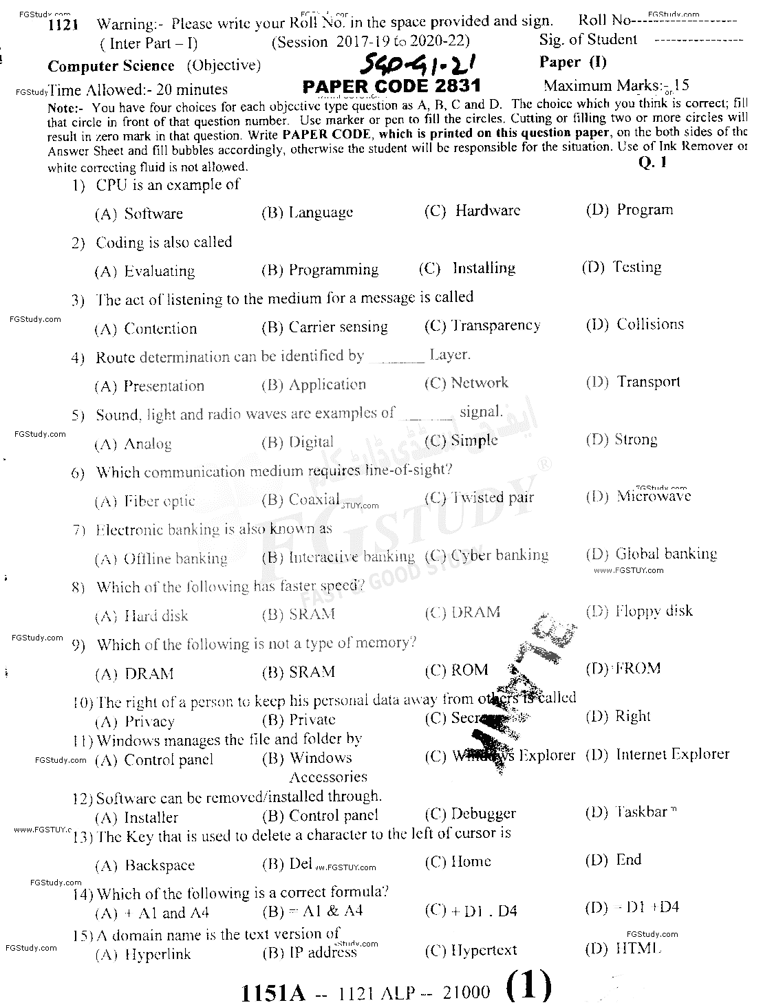 11th Class Computer Science Past Paper 2021 Sargodha Board Objective