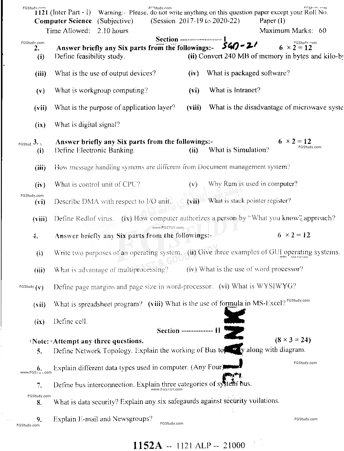 11th Class Computer Science Past Paper 2021 Sargodha Board Subjective