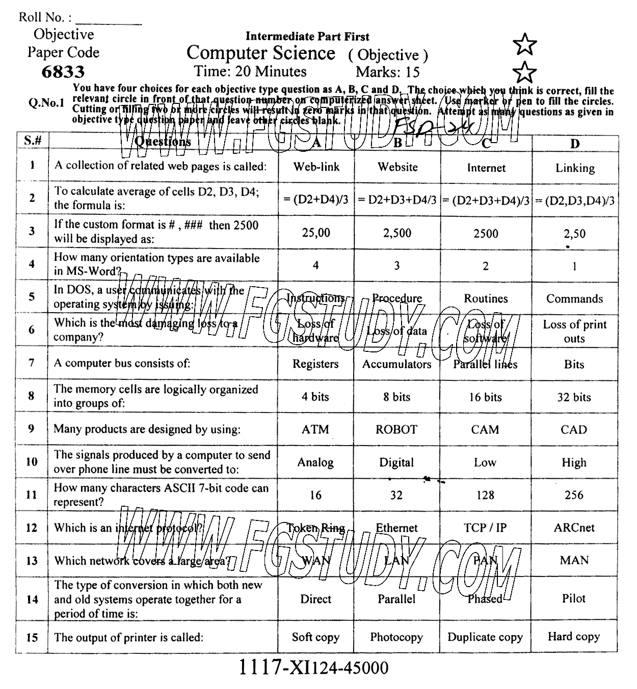11th Class Computer Science Past Paper 2024 Faisalabad Board Objective