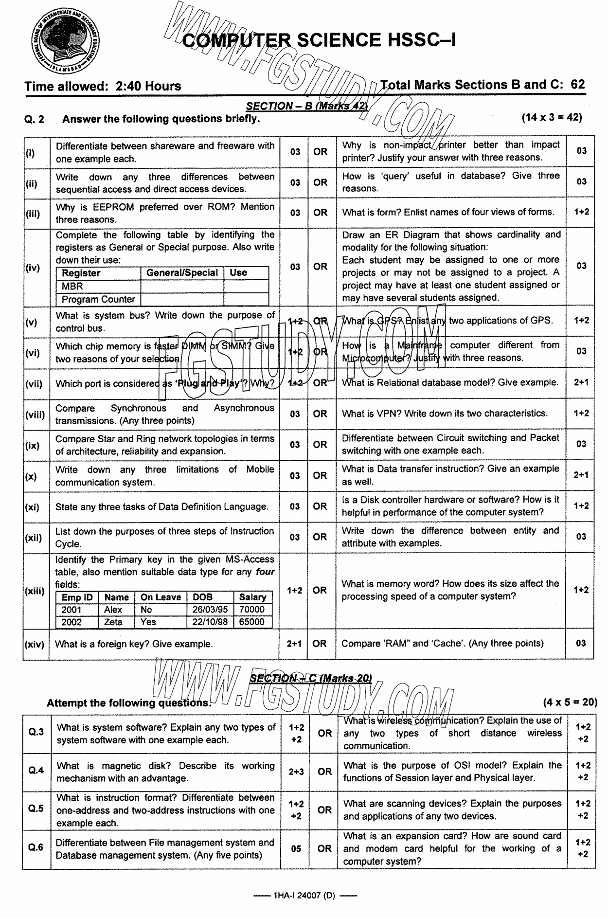 11th Class Computer Science Past Paper 2024 Federal Board Islamabad Group 2 Subjective