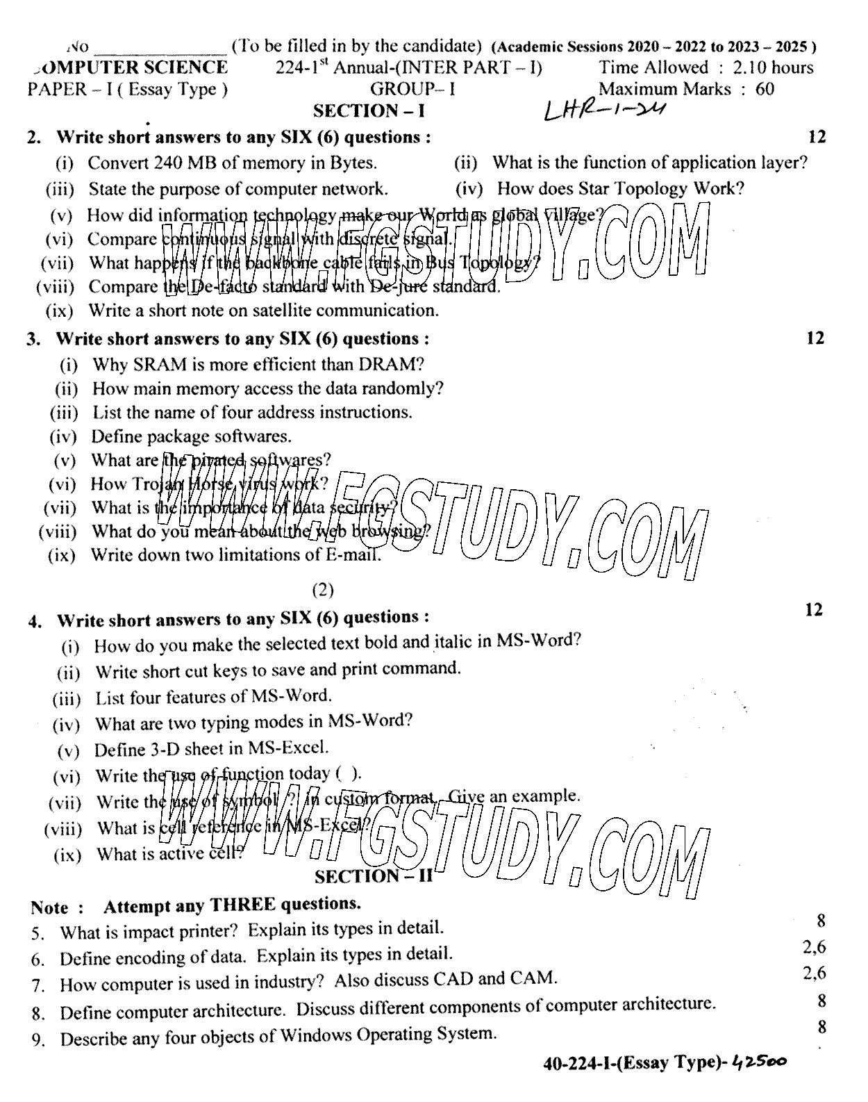 11th Class Computer Science Past Paper 2024 Lahore Board Group 1 Subjective