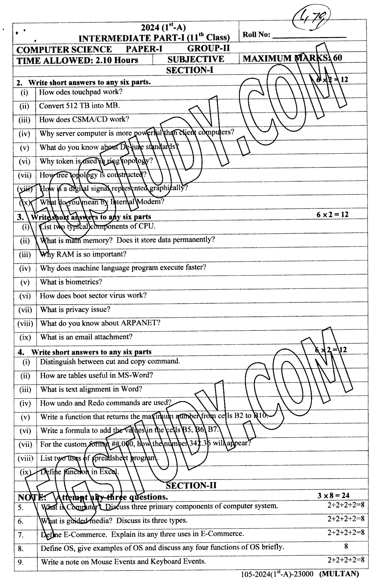 11th Class Computer Science Past Paper 2024 Multan Board Group 2 Subjective