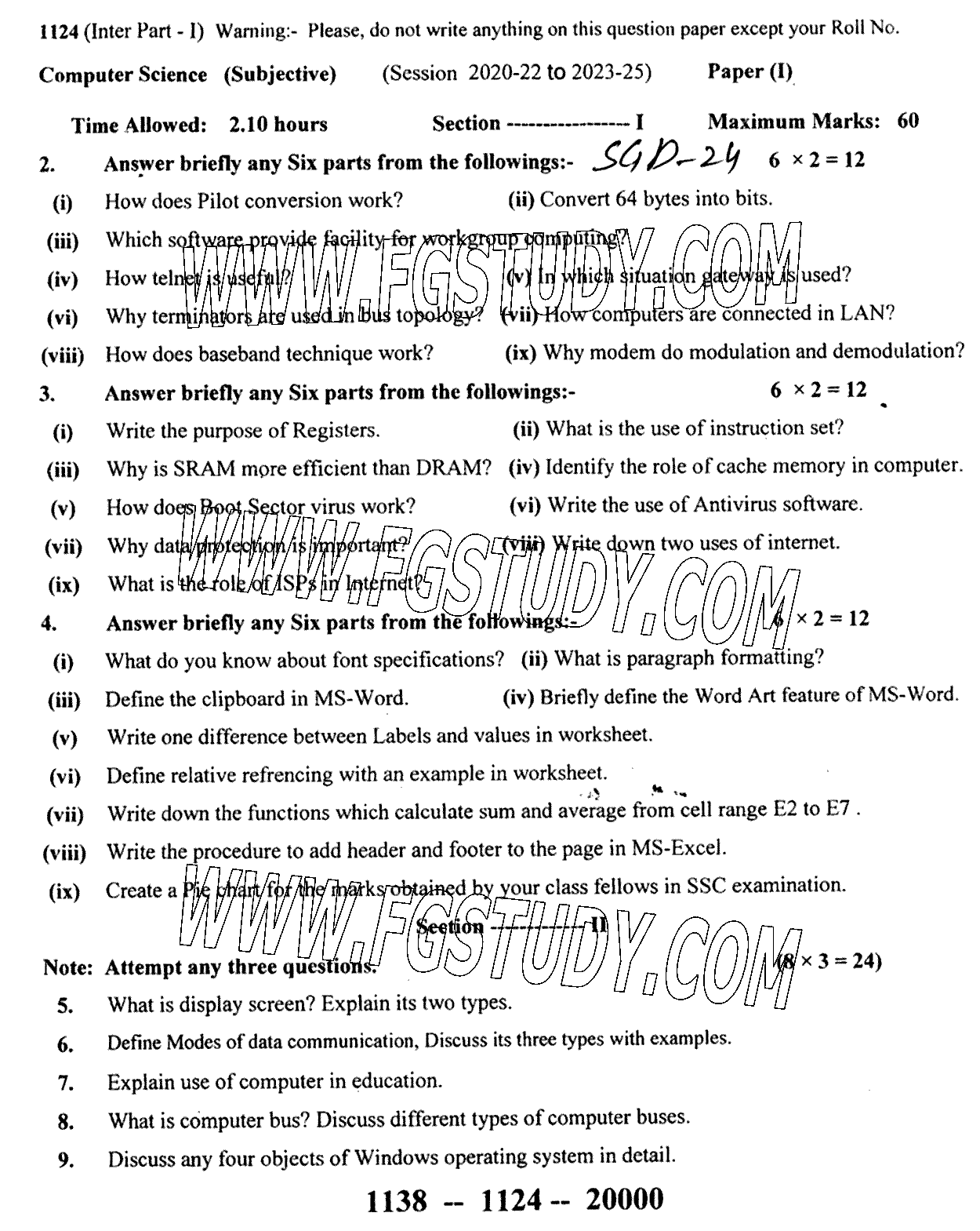 11th Class Computer Science Past Paper 2024 Sargodha Board Subjective