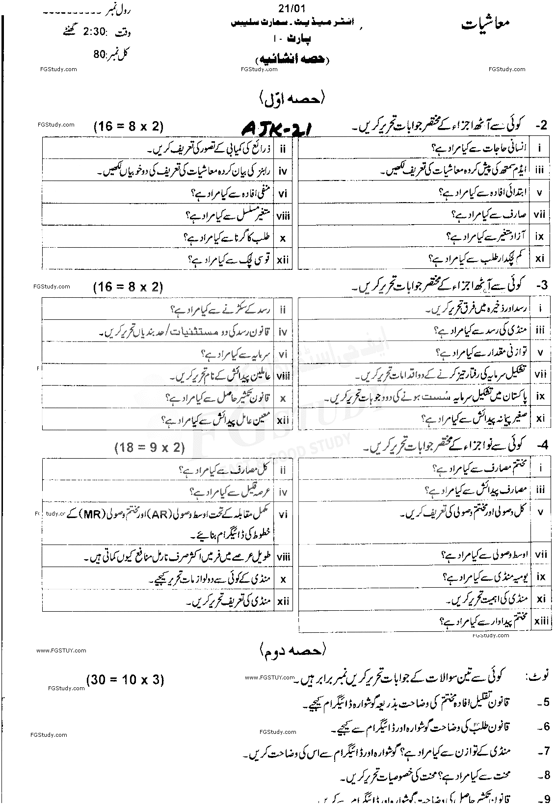 11th Class Economics Past Paper 2021 Ajk Board Subjective