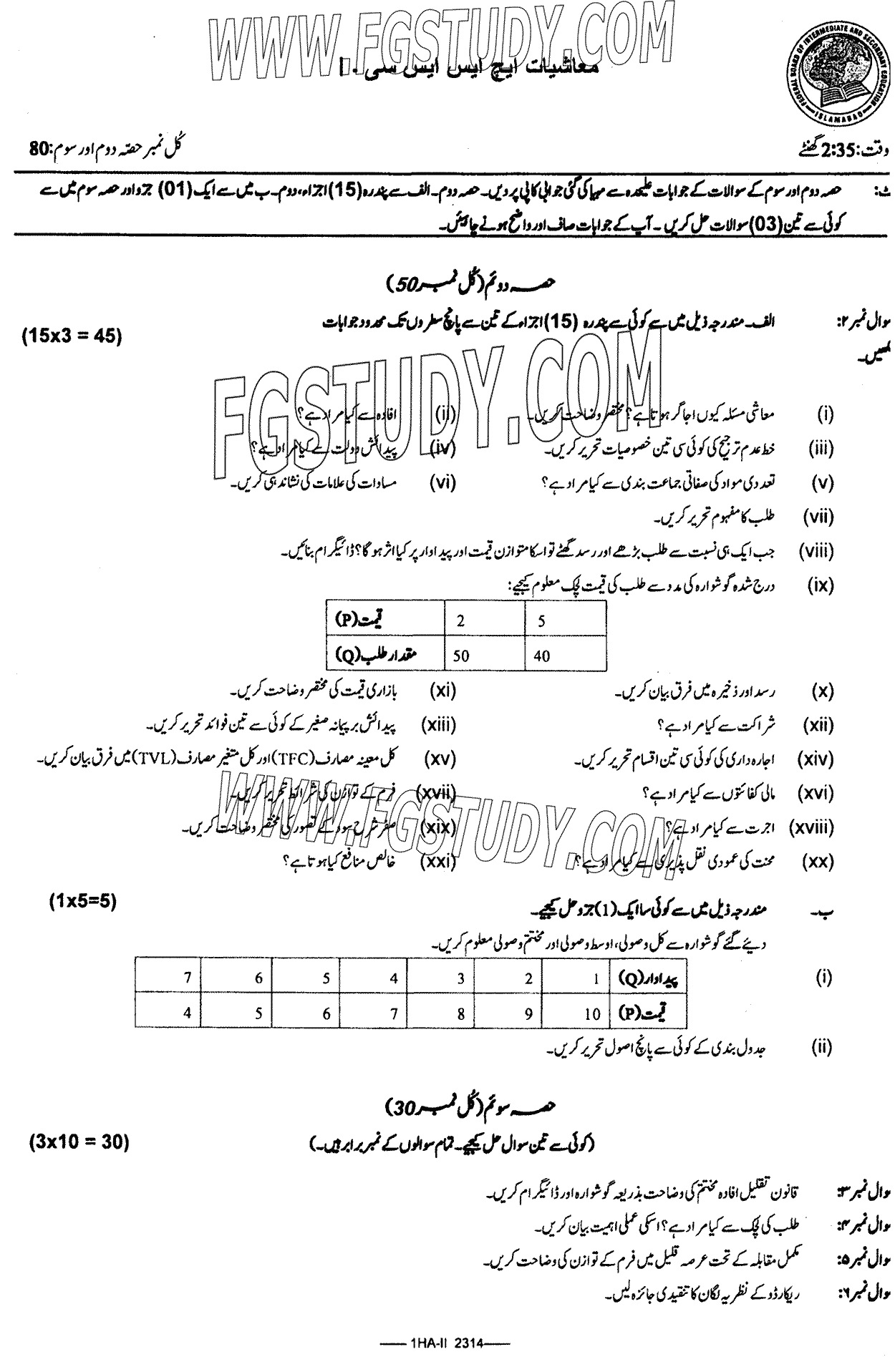 11th Class Economics Past Paper 2023 Federal Board Islamabad Subjective