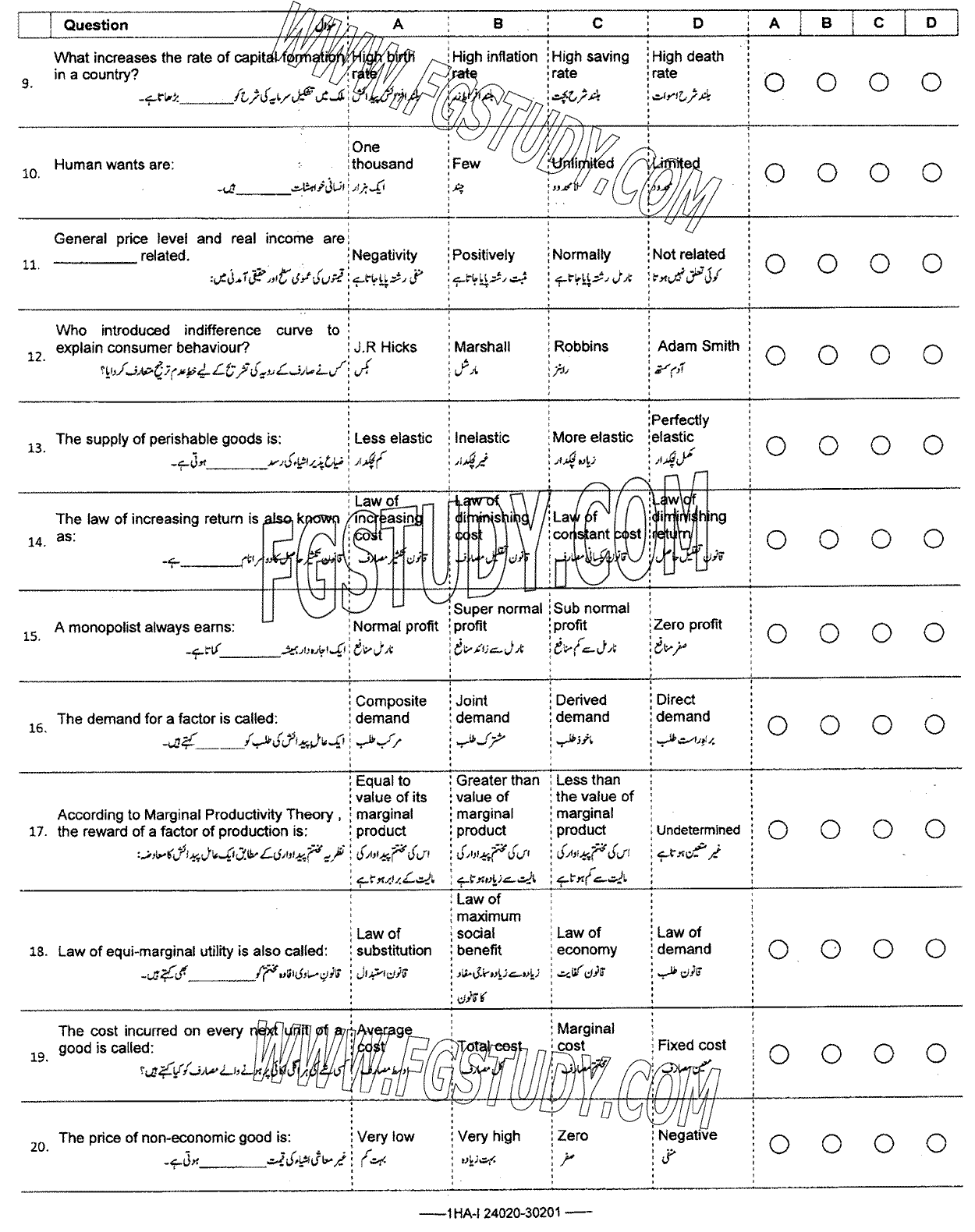 11th Class Economics Past Paper 2024 Federal Board Islamabad Objective