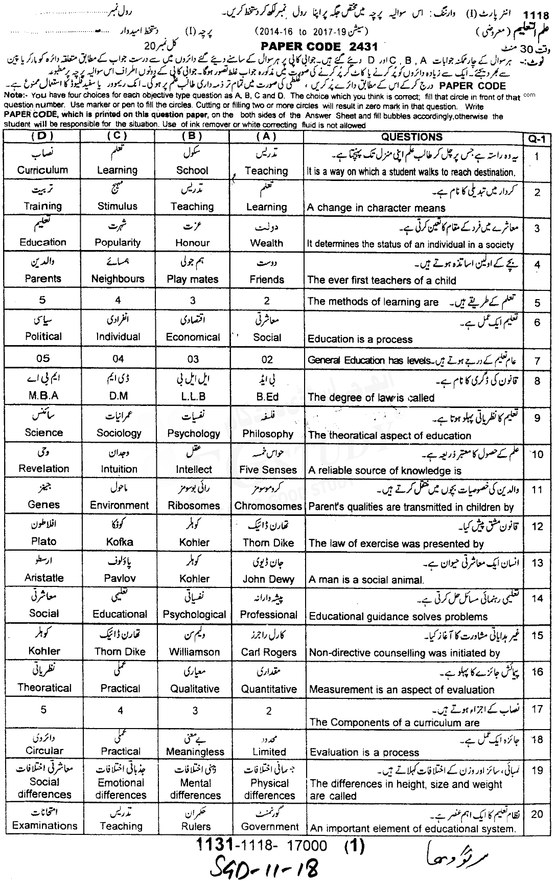 11th Class Education Past Paper 2018 Sargodha Board Objective