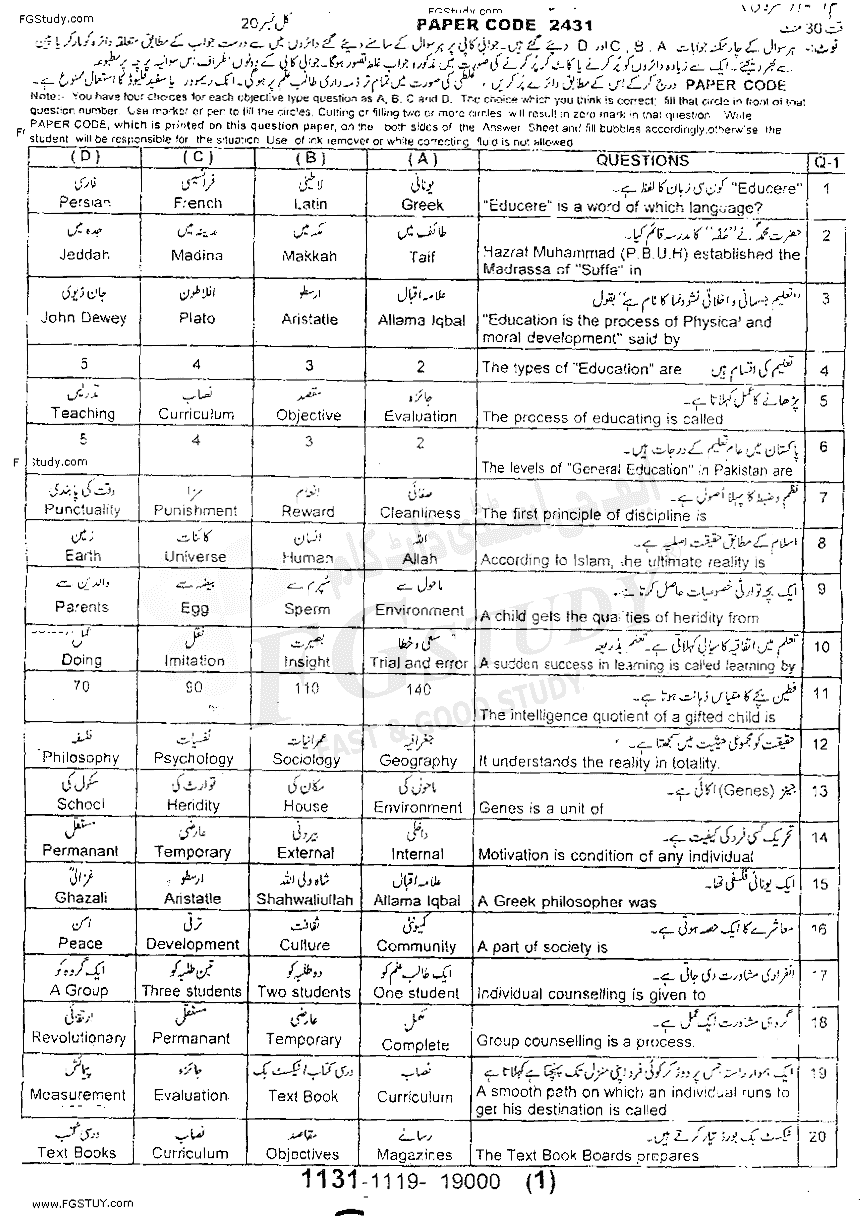 11th Class Education Past Paper 2019 Sargodha Board Objective
