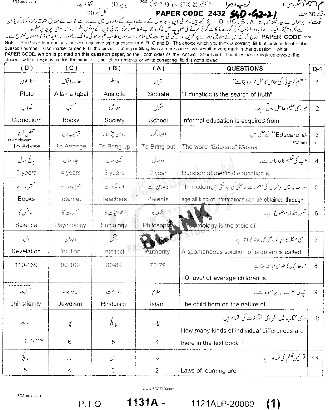11th Class Education Past Paper 2021 Sargodha Board Group 2 Objective