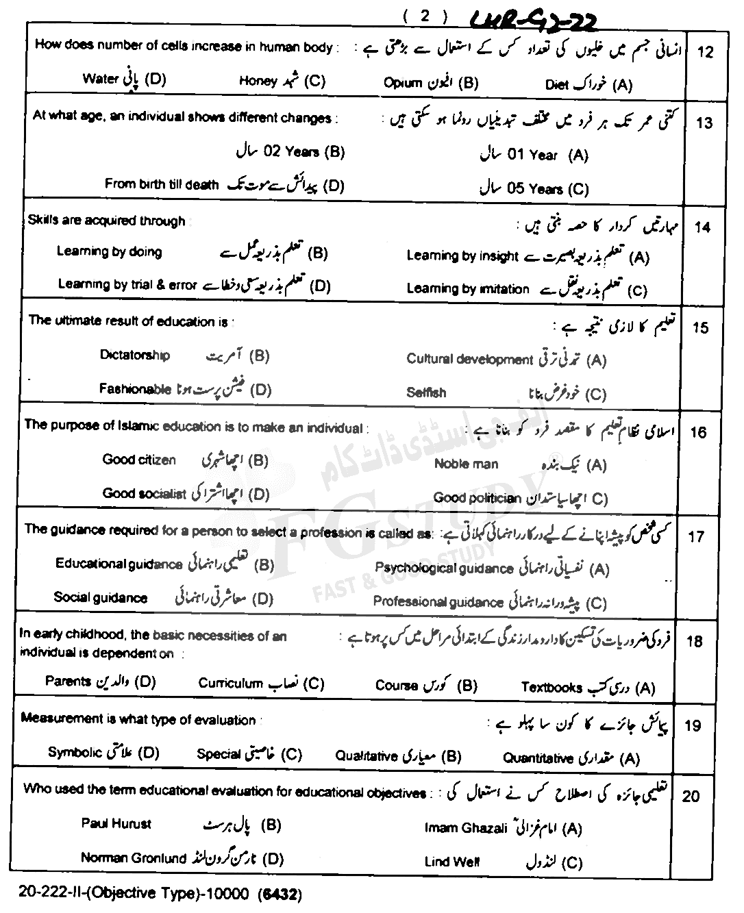 11th Class Education Past Paper 2022 Lahore Board Group 2 Objective