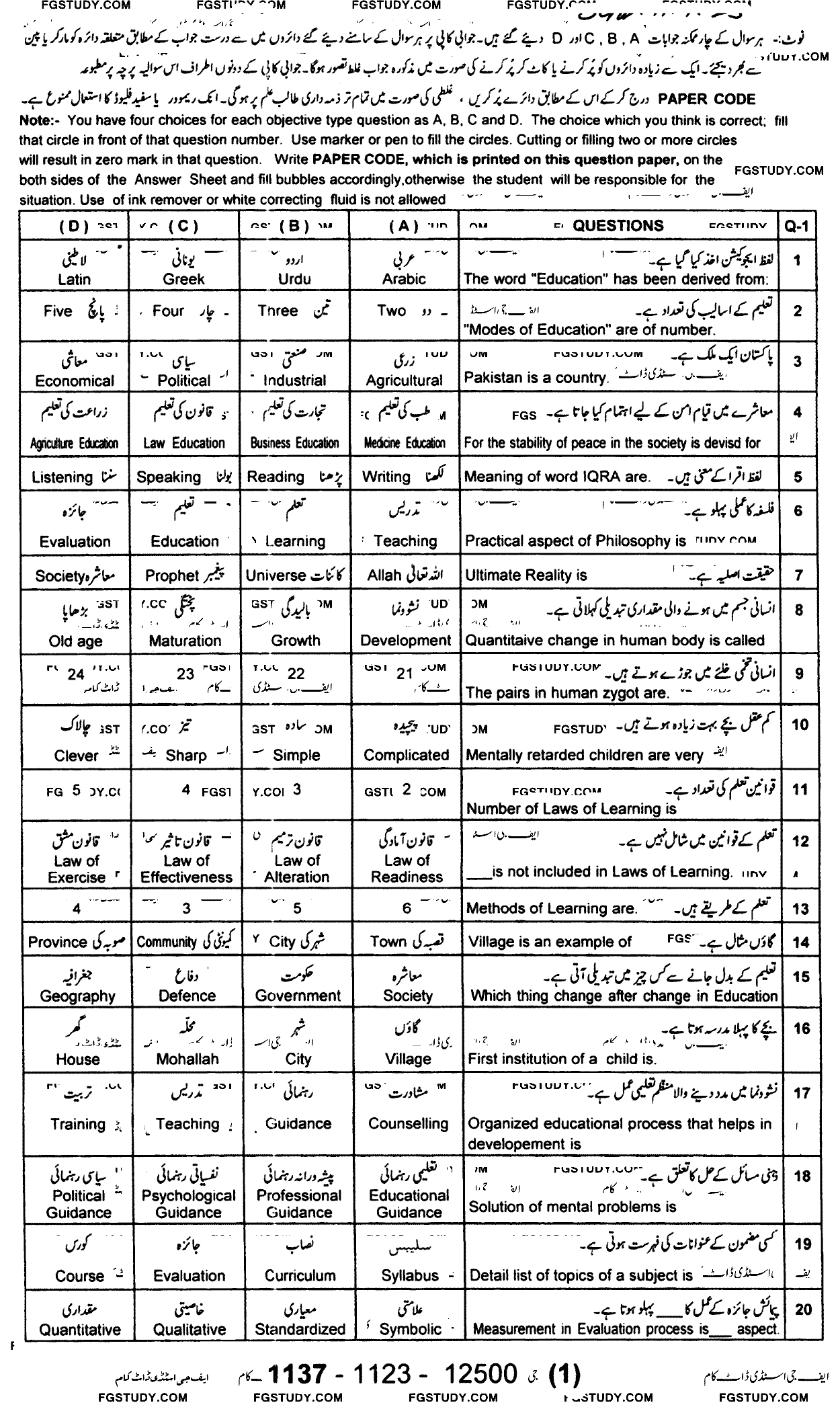11th Class Education Past Paper 2023 Sargodha Board Group 1 Objective