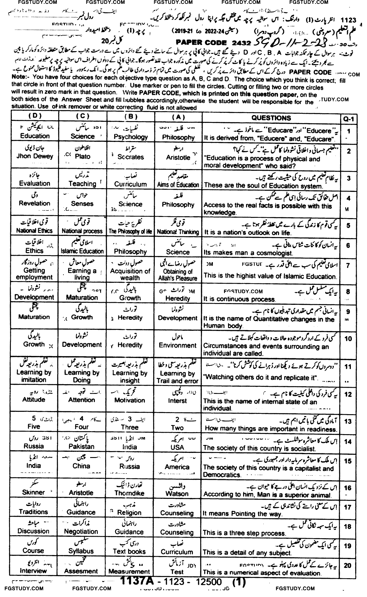11th Class Education Past Paper 2023 Sargodha Board Group 2 Objective