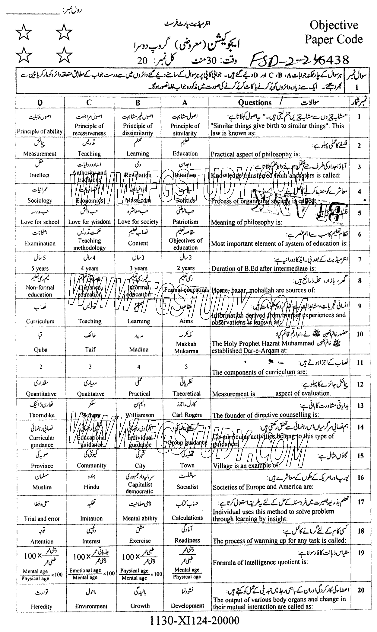 11th Class Education Past Paper 2024 Faisalabad Board Group 2 Objective