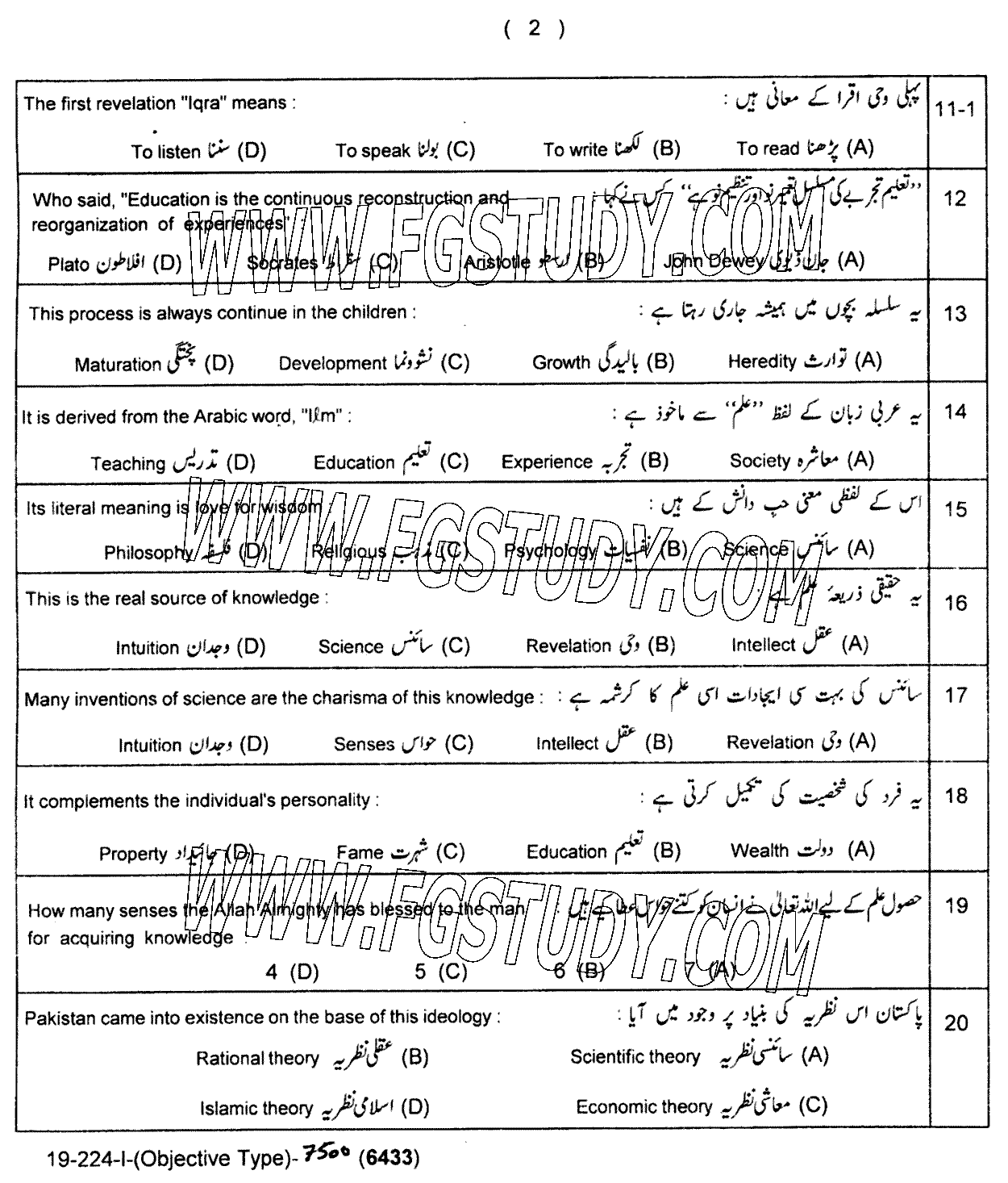 11th Class Education Past Paper 2024 Lahore Board Group 1 Objective