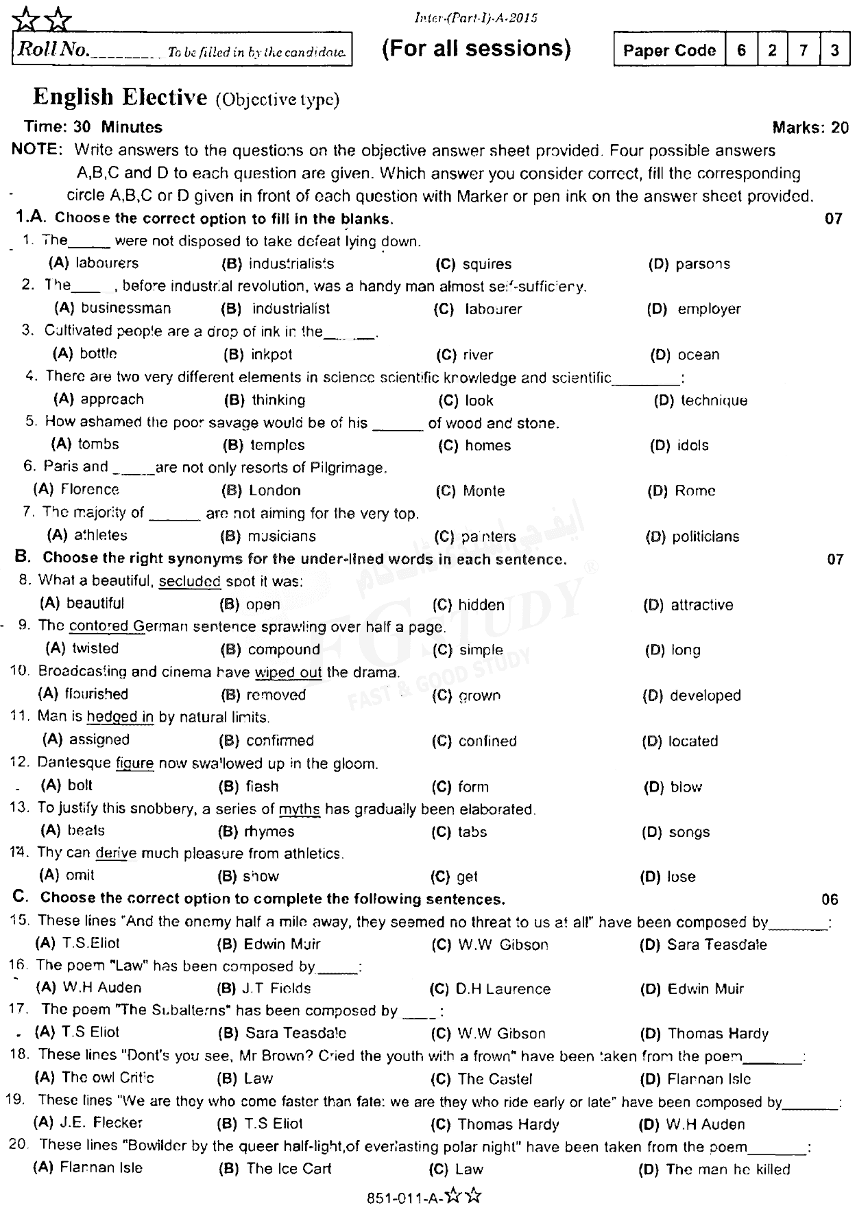 11th Class English Elective Past Paper 2015 Rawalpindi Board Objective
