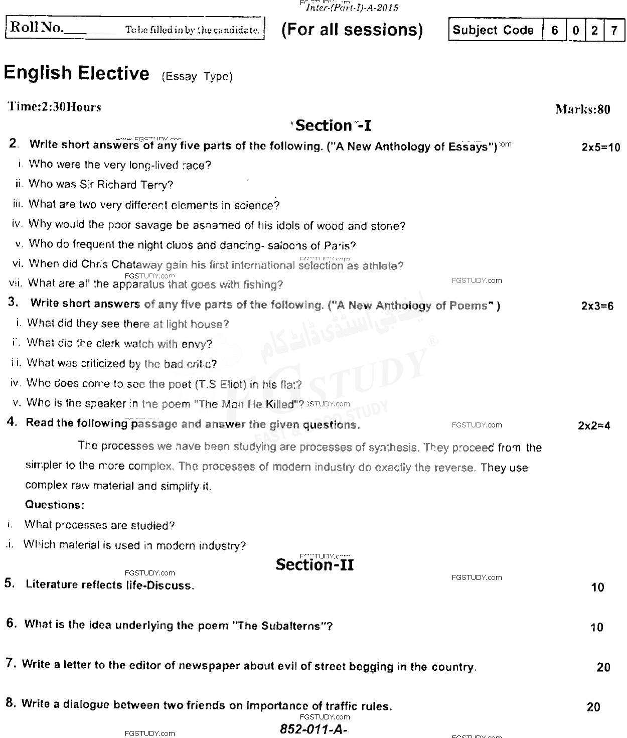 11th Class English Elective Past Paper 2015 Rawalpindi Board Subjective