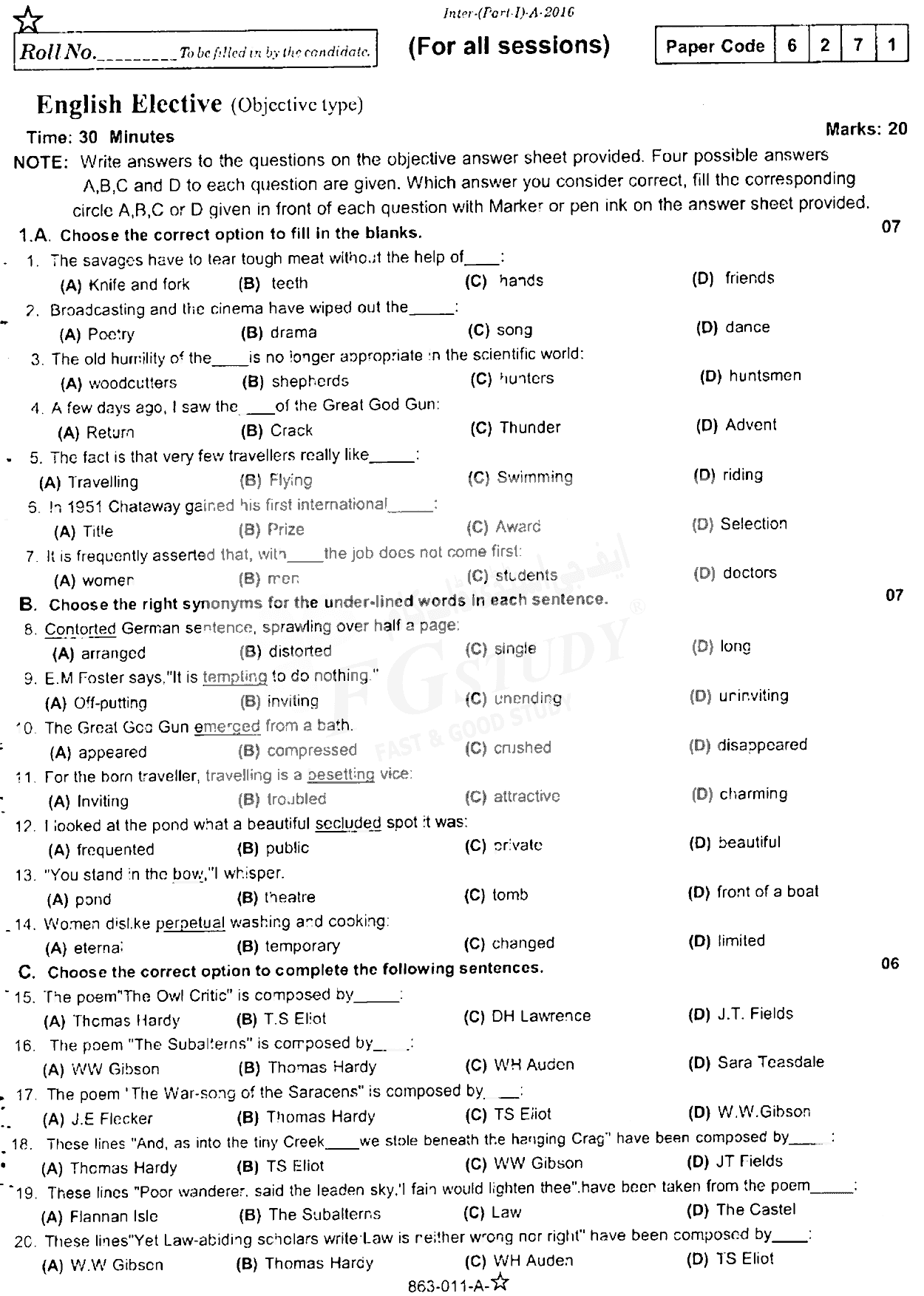 11th Class English Elective Past Paper 2016 Rawalpindi Board Objective