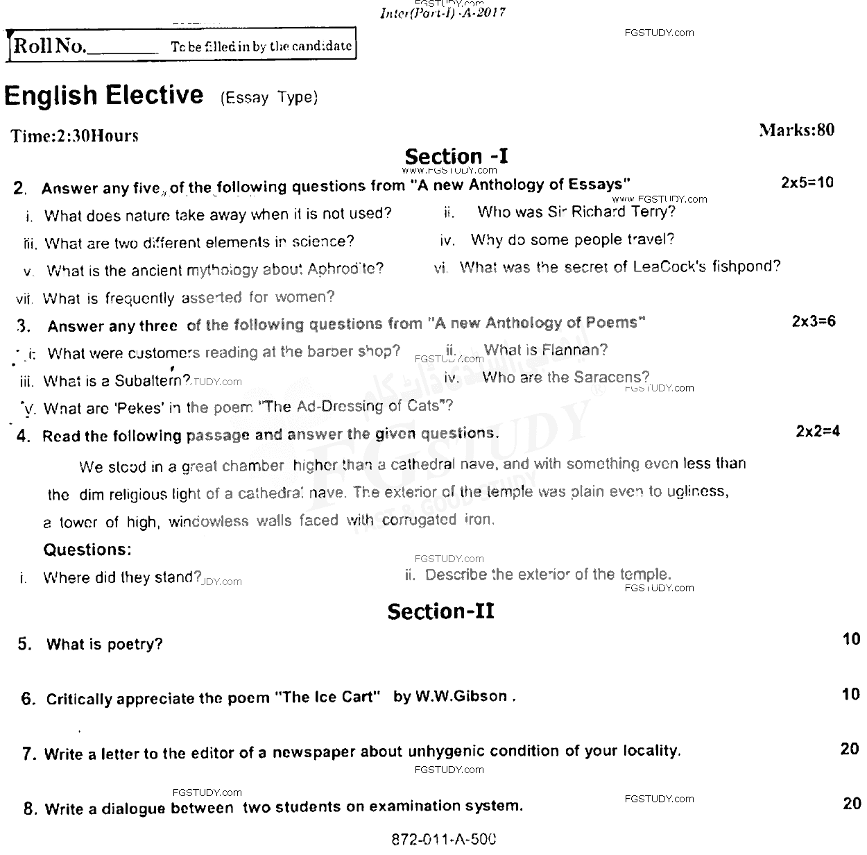 11th Class English Elective Past Paper 2017 Rawalpindi Board Subjective