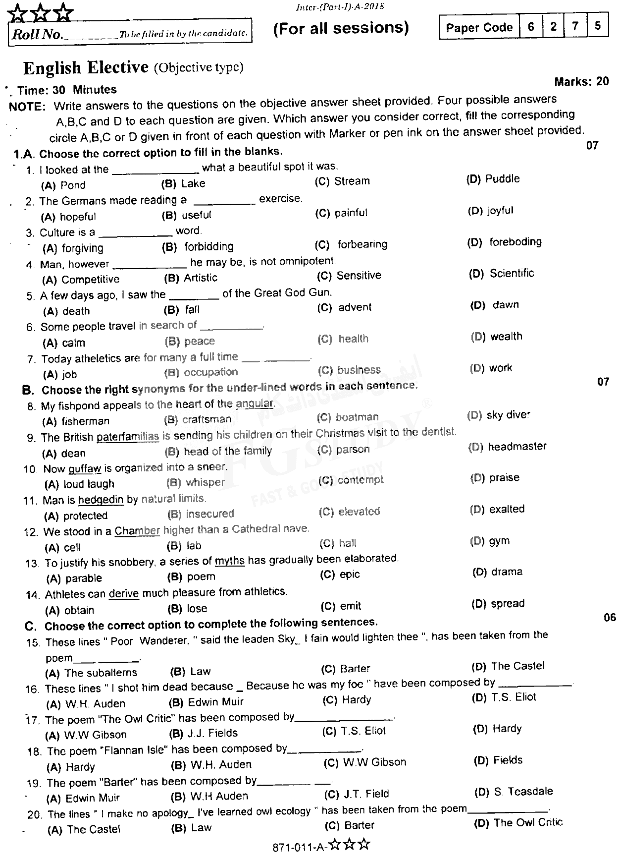 11th Class English Elective Past Paper 2018 Rawalpindi Board Objective