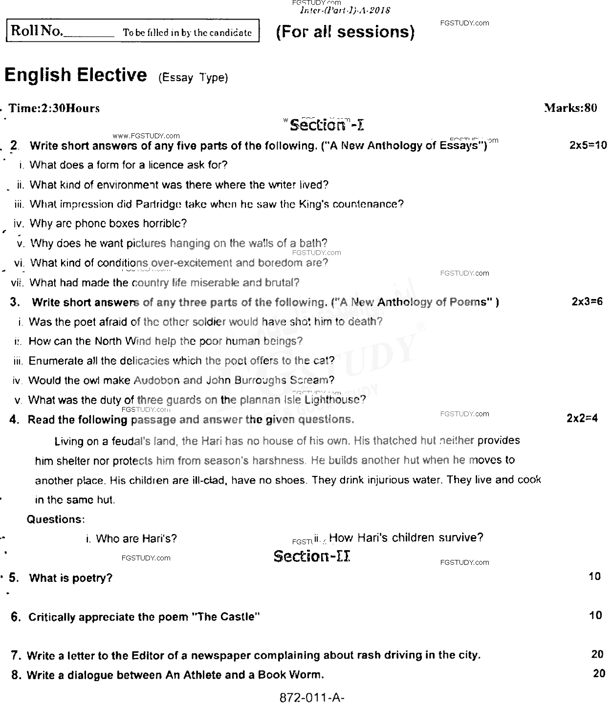 11th Class English Elective Past Paper 2018 Rawalpindi Board Subjective