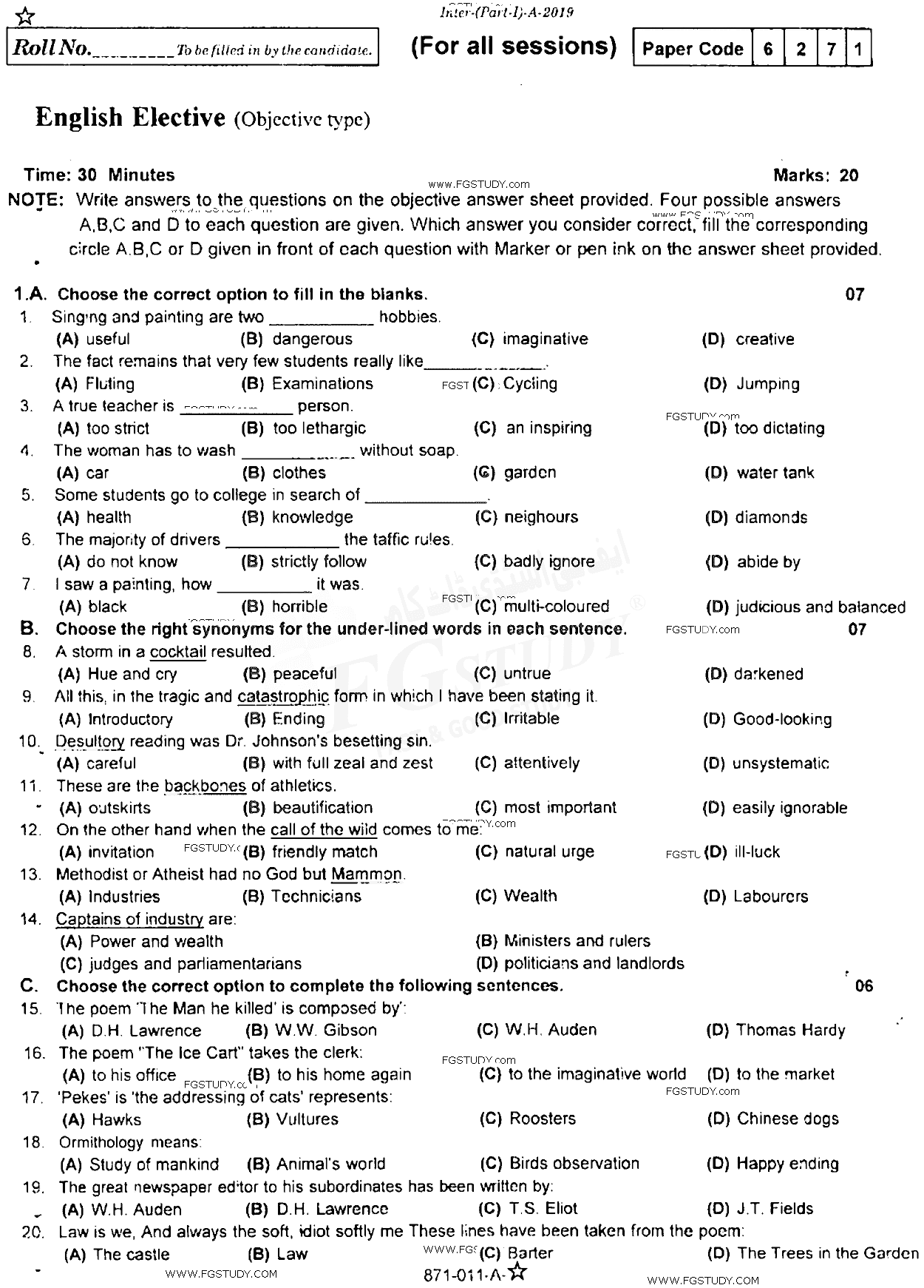 11th Class English Elective Past Paper 2019 Rawalpindi Board Objective