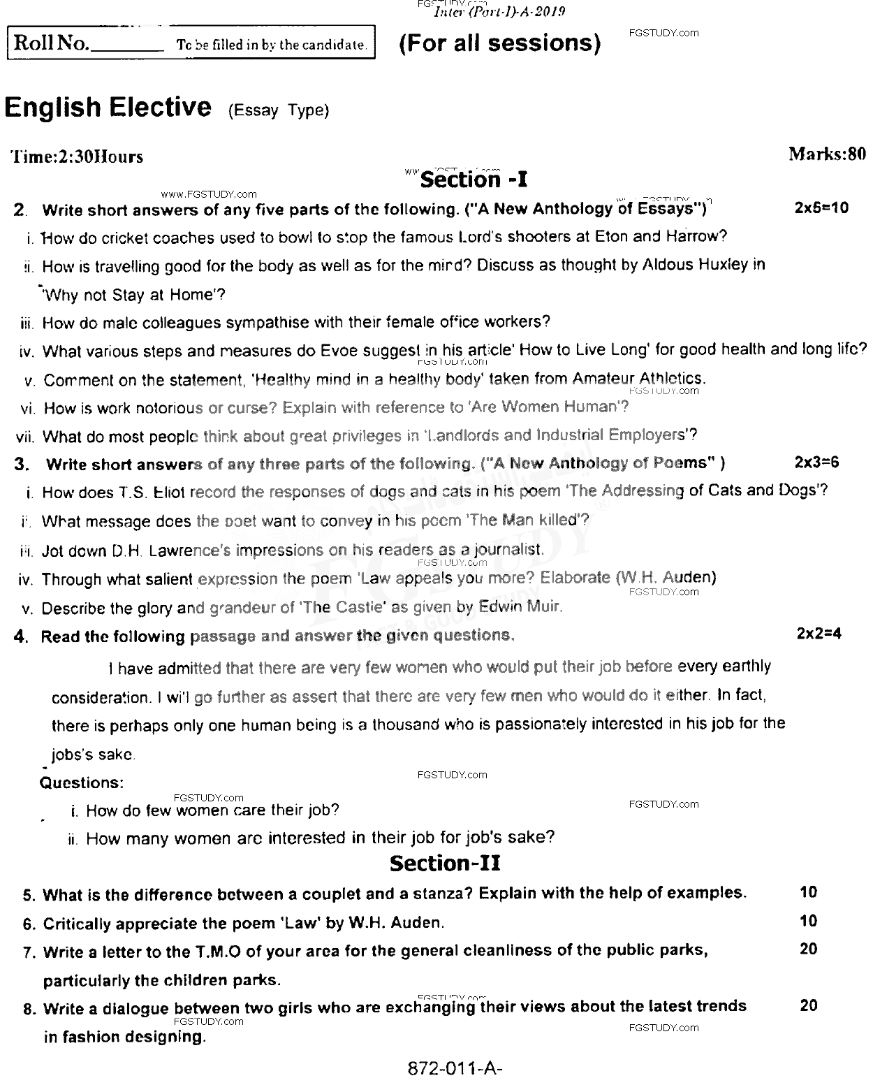 11th Class English Elective Past Paper 2019 Rawalpindi Board Subjective