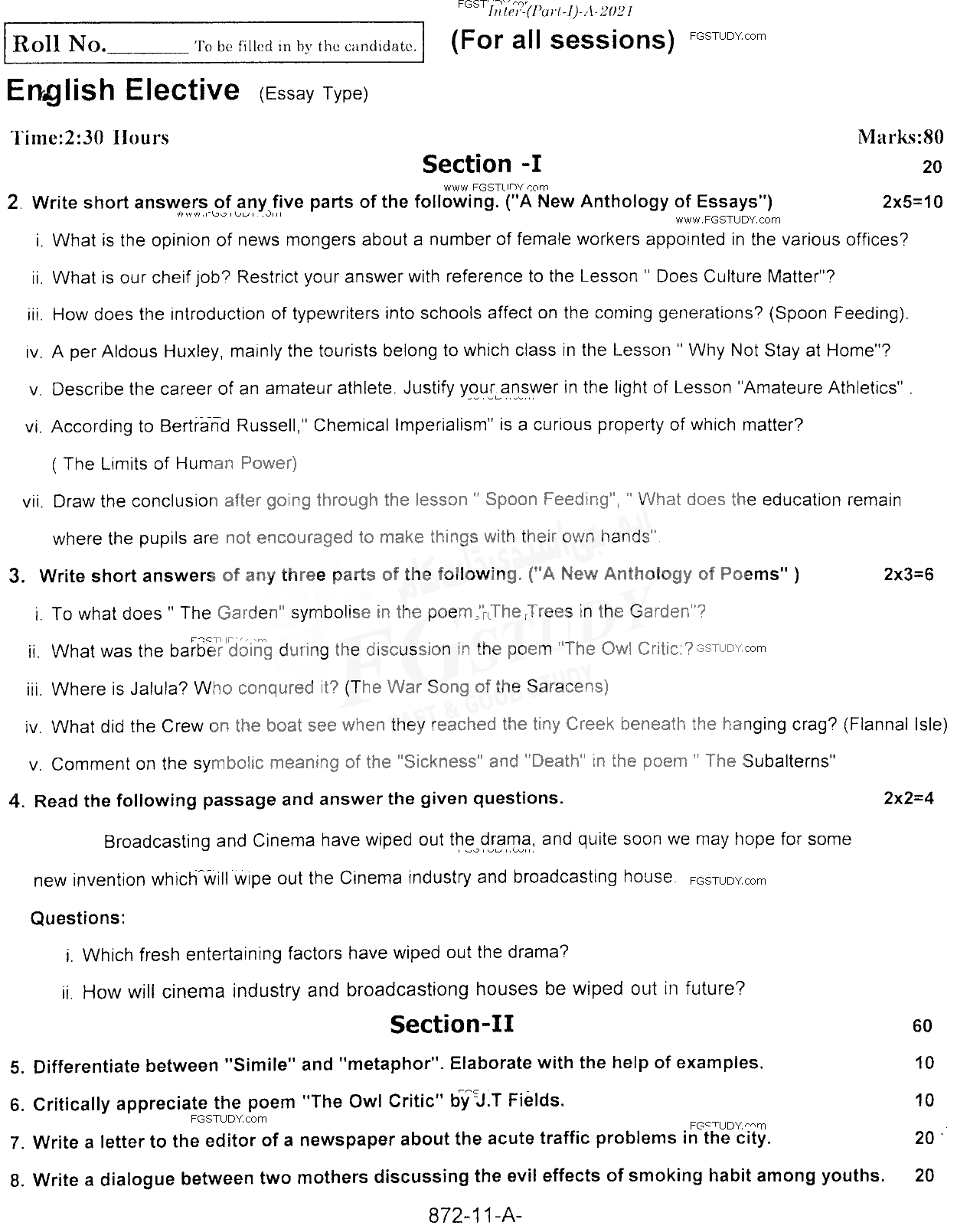 11th Class English Elective Past Paper 2021 Rawalpindi Board Subjective