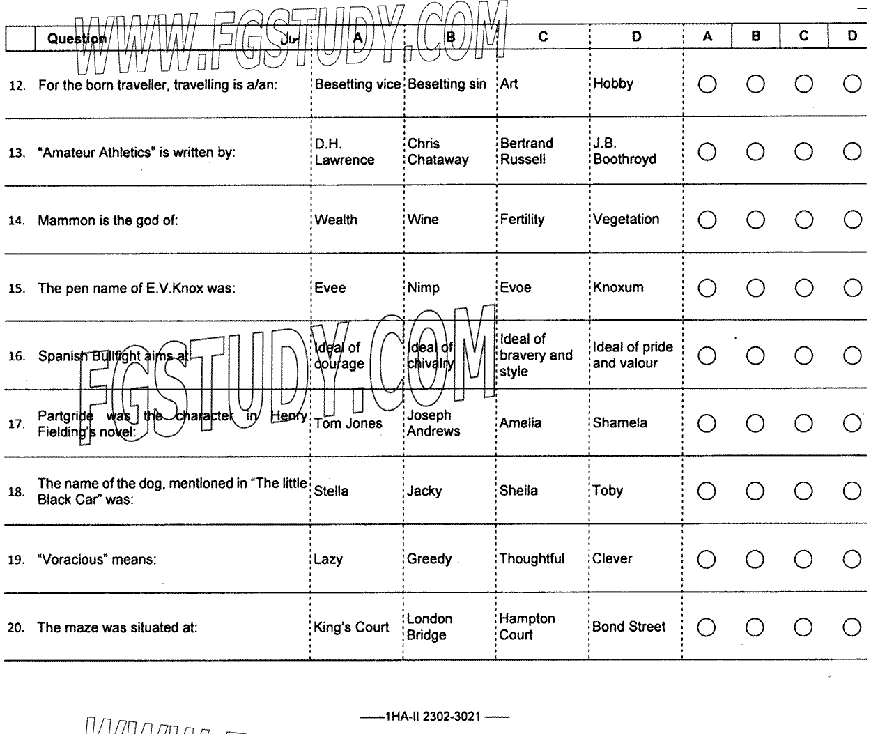 11th Class English Elective Past Paper 2023 Federal Board Islamabad Objective