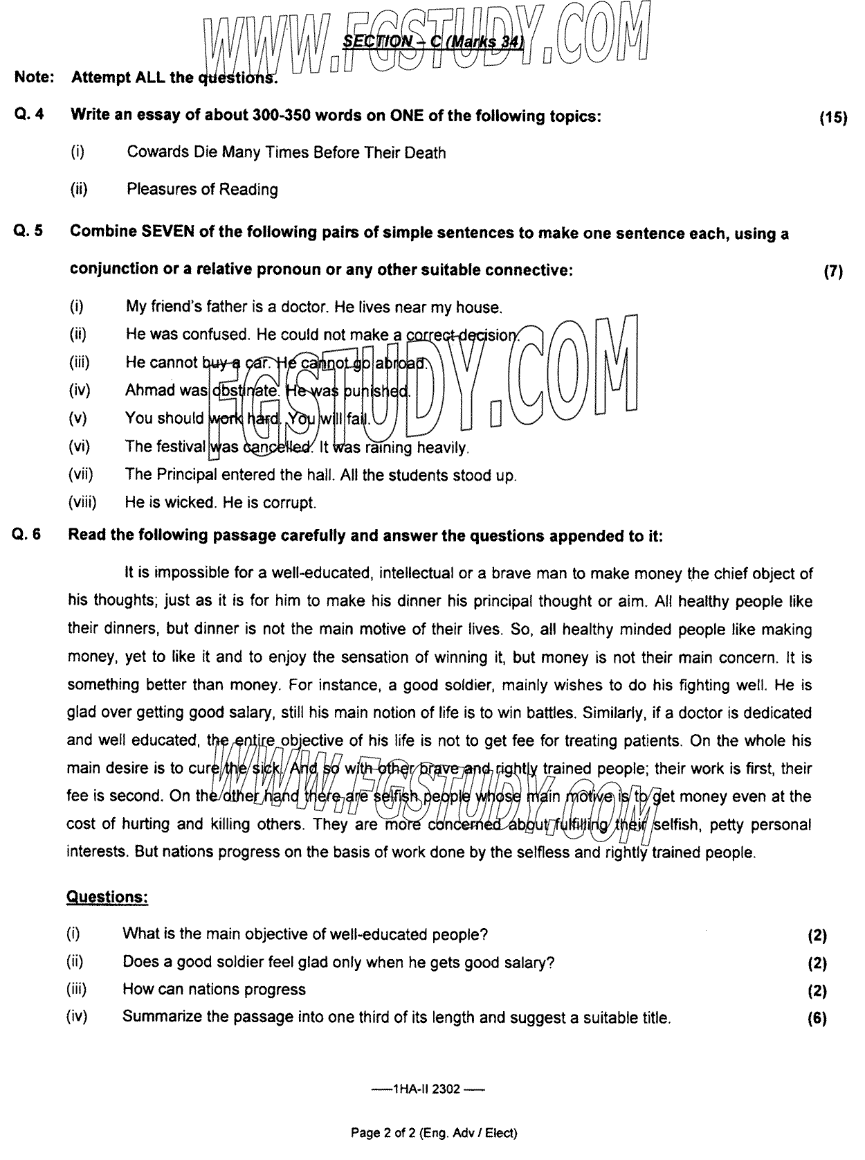 11th Class English Elective Past Paper 2023 Federal Board Islamabad Subjective