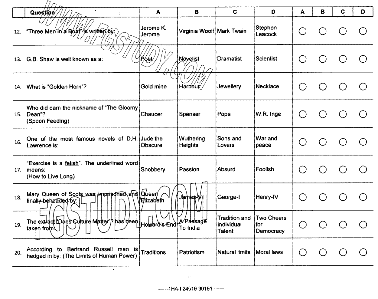 11th Class English Elective Past Paper 2024 Federal Board Islamabad Objective