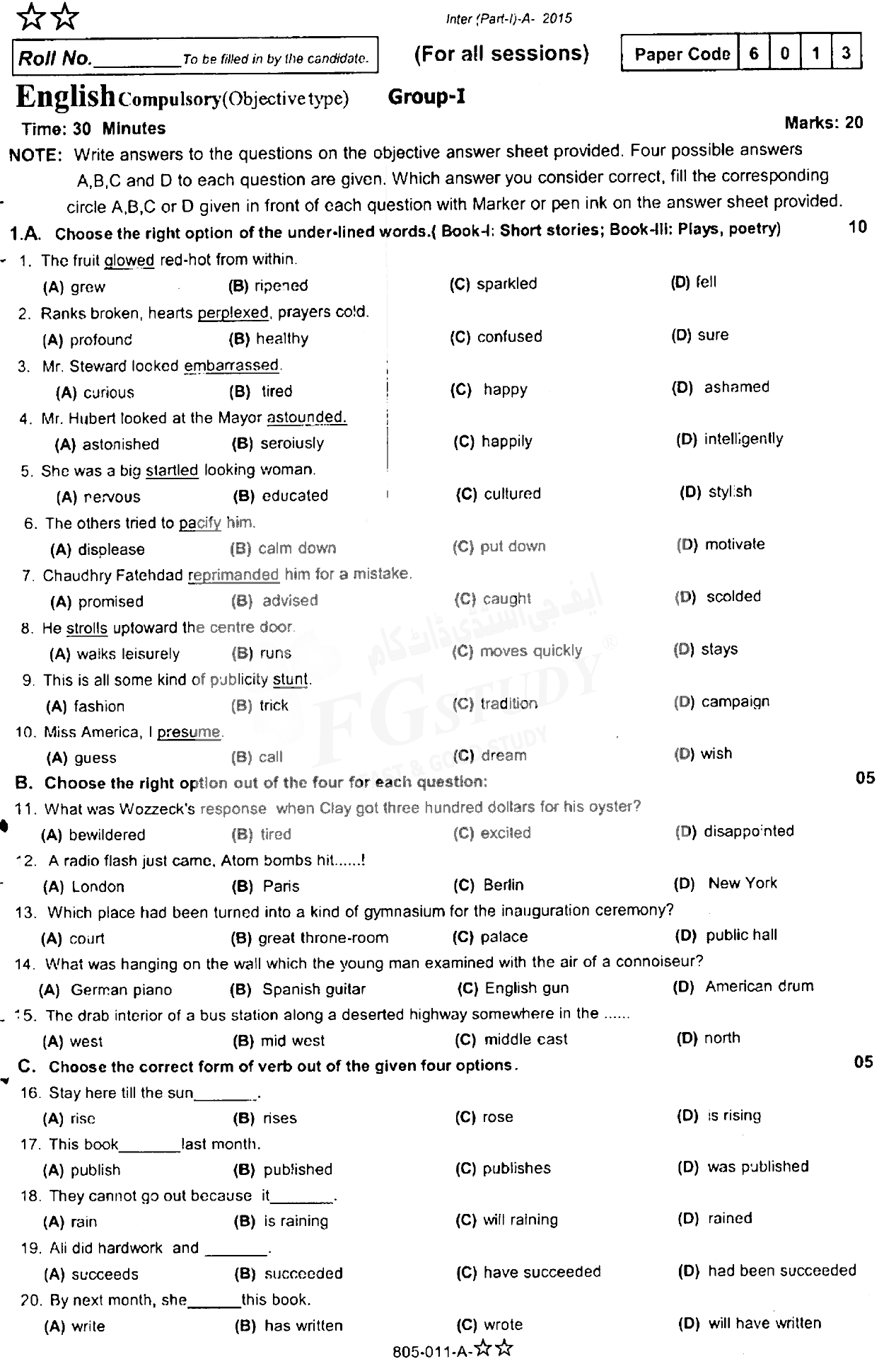 11th Class English Past Paper 2015 Rawalpindi Board Group 1 Objective