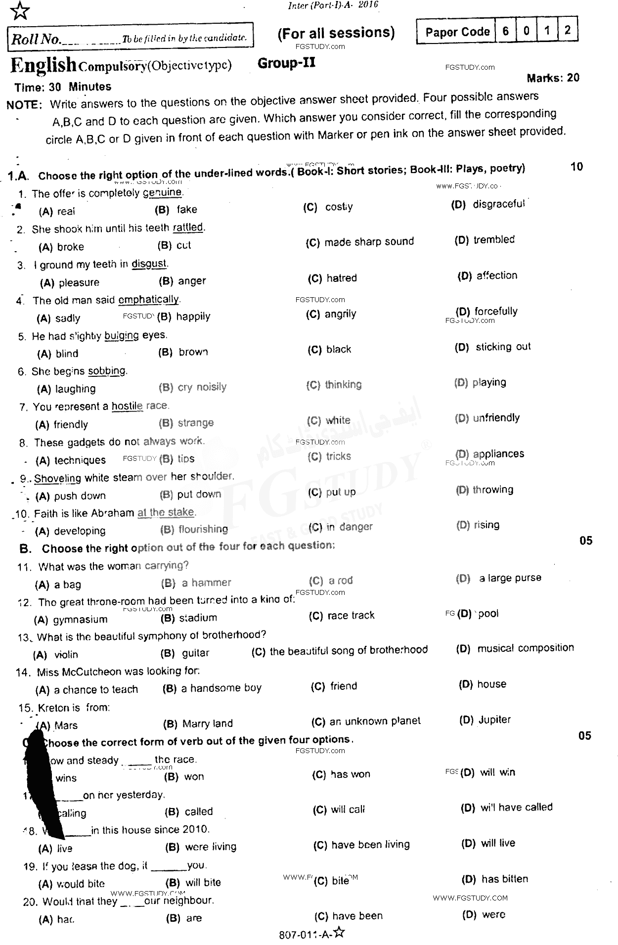 11th Class English Past Paper 2016 Rawalpindi Board Group 2 Objective