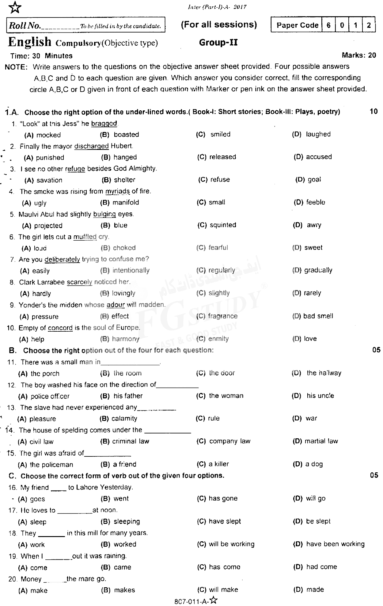 11th Class English Past Paper 2017 Rawalpindi Board Group 2 Objective