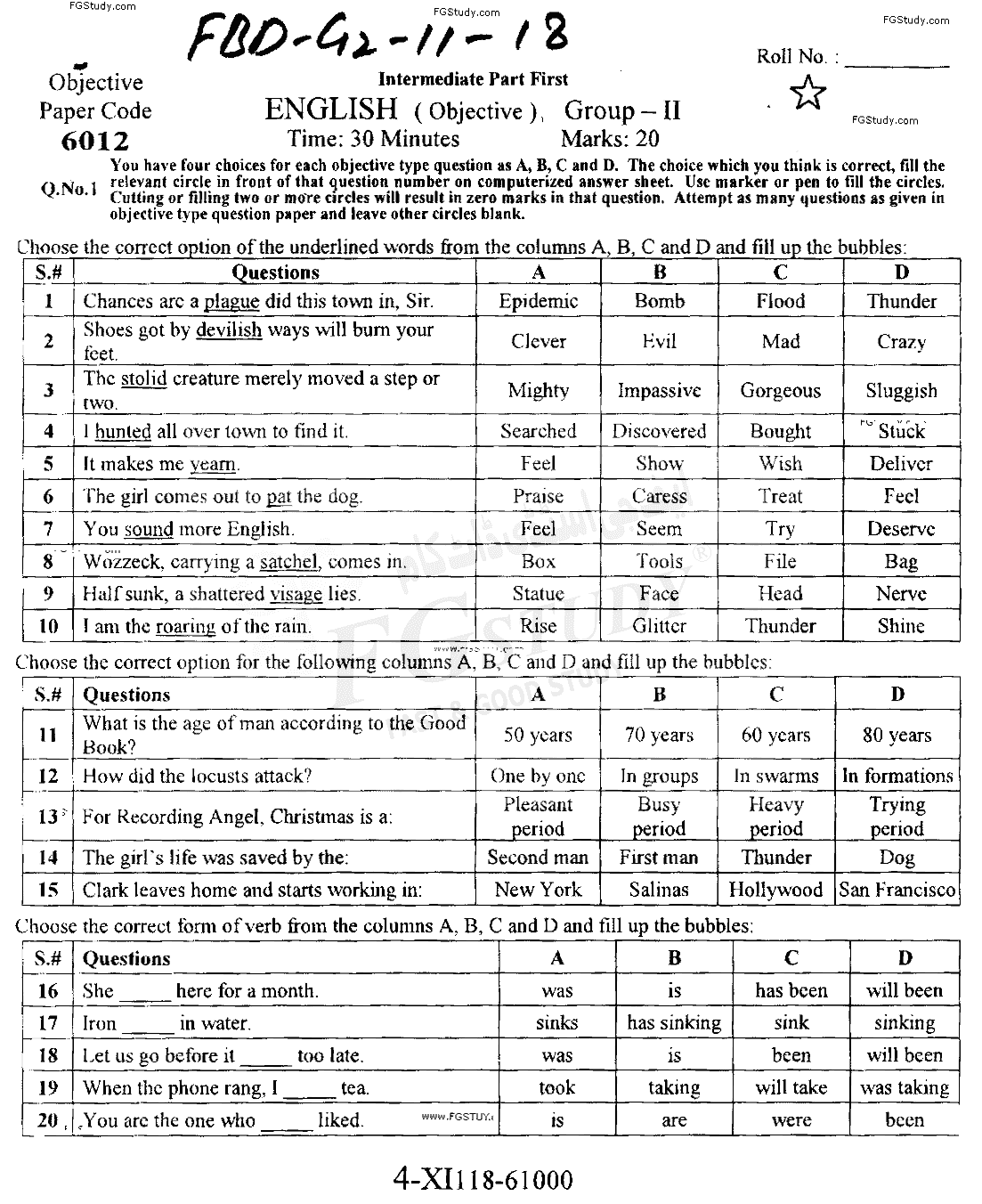 11th Class English Past Paper 2018 Faisalabad Board Group 2 Objective